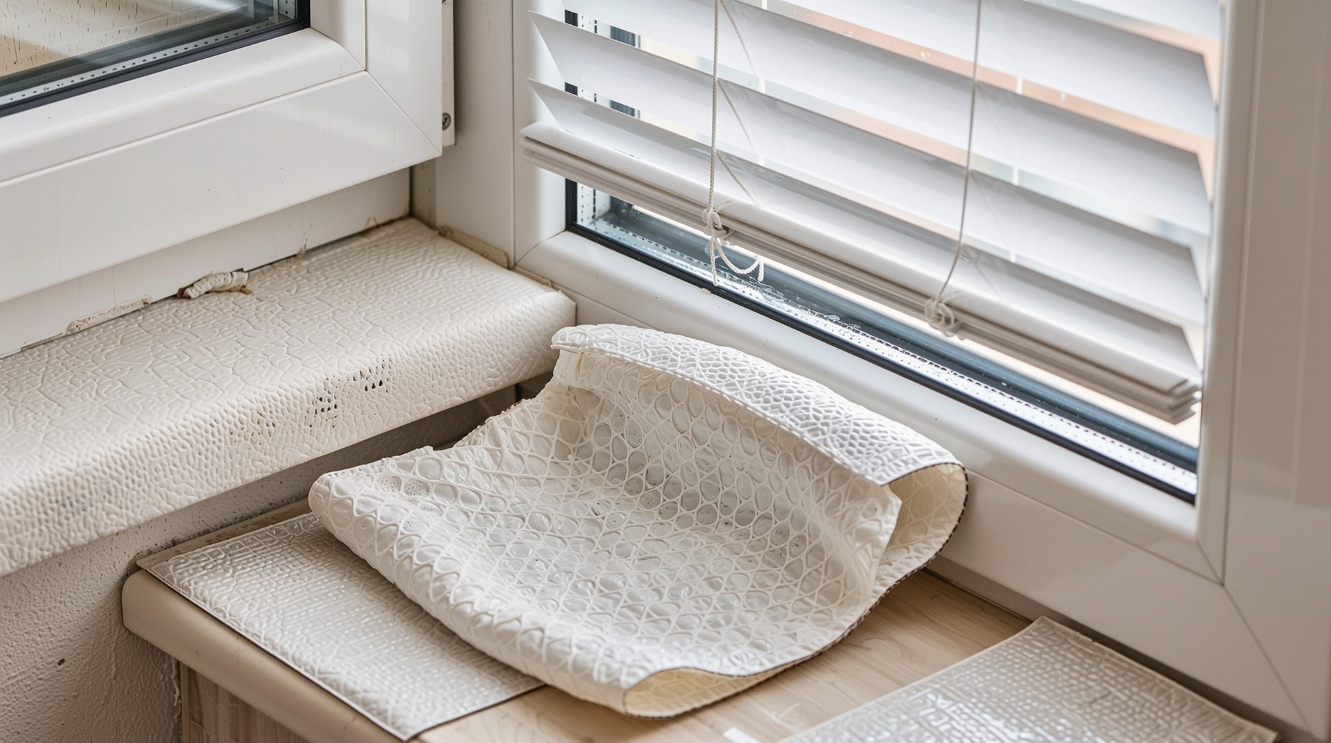 베란다 창틀 주변에 임시 실리콘 보수와 누수 확산 방지를 위한 흡수패드 설치 장면