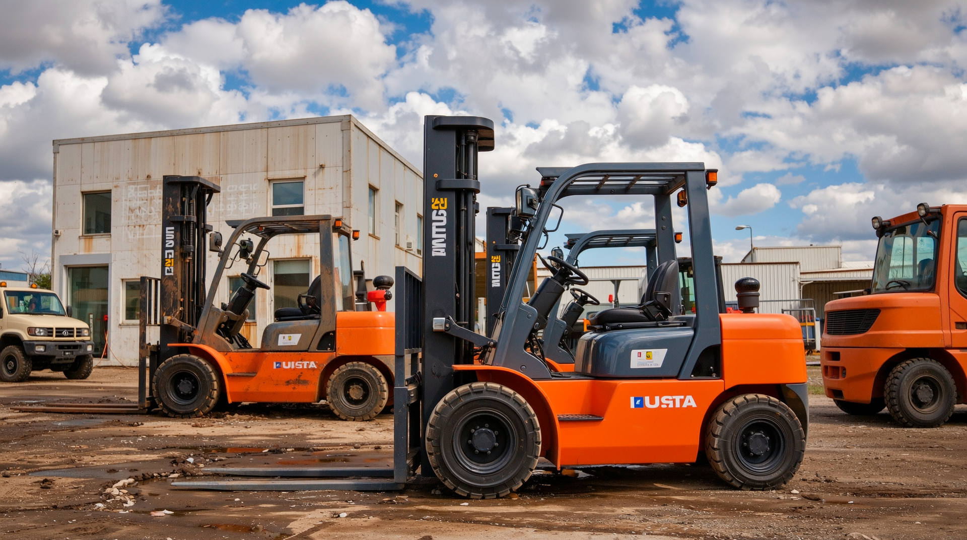 중고 지게차의 상태와 사양을 보여주는 클로즈업 이미지