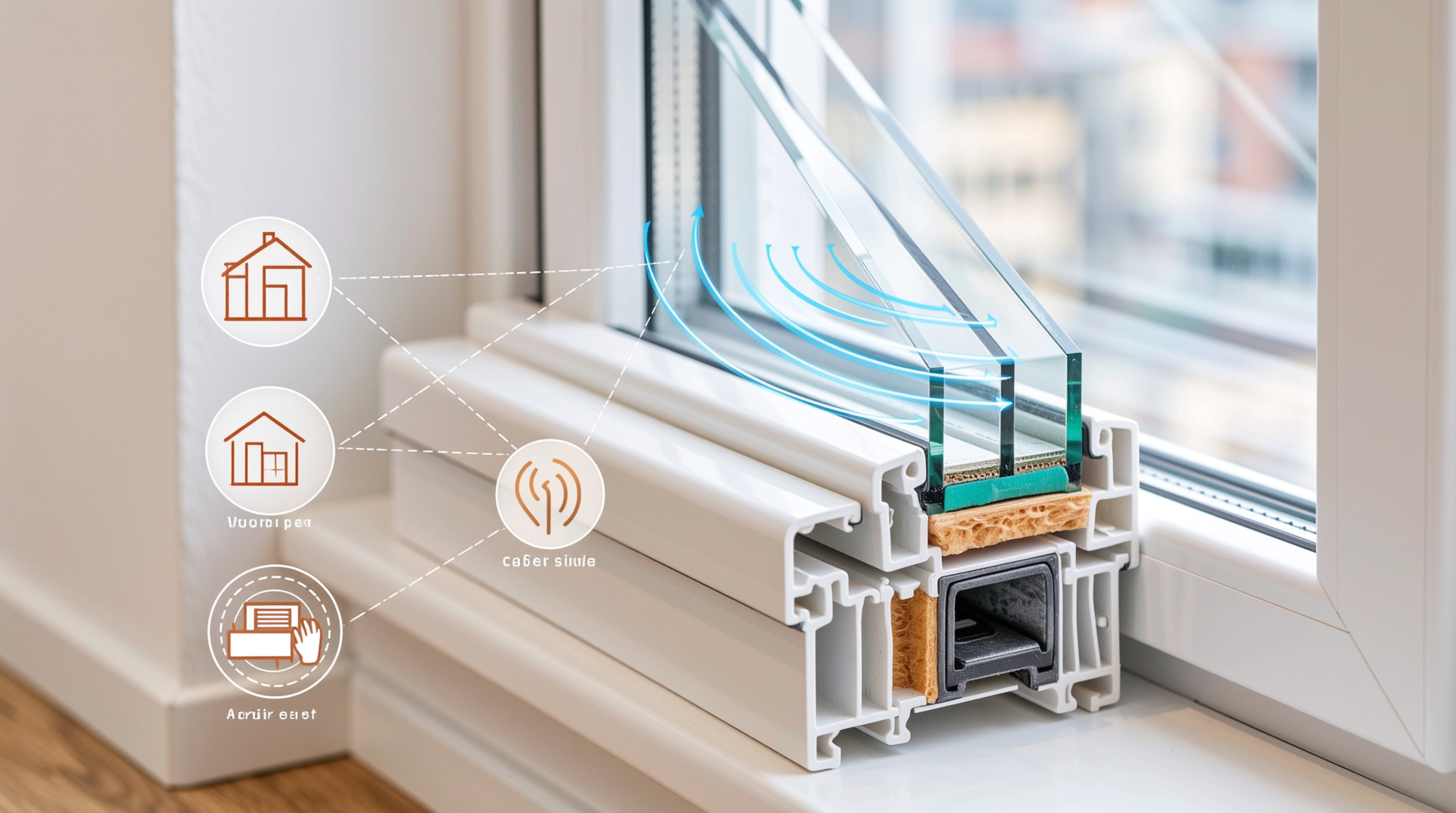 몽타주로 창호의 단열, 방음, 에너지 절감 기능과 내구성 및 디자인, AS 품질을 시각화한 이미지