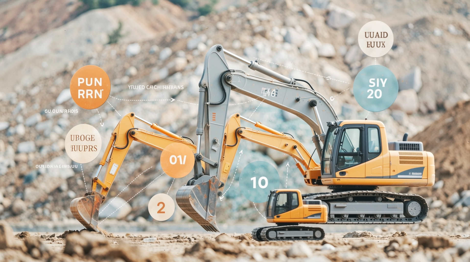 중고 굴착기 가격에 영향을 미치는 연식, 사용 시간, 장비 상태, 브랜드 등 주요 요소를 아이콘과 함께 시각적으로 표현한 인포그래픽 이미지