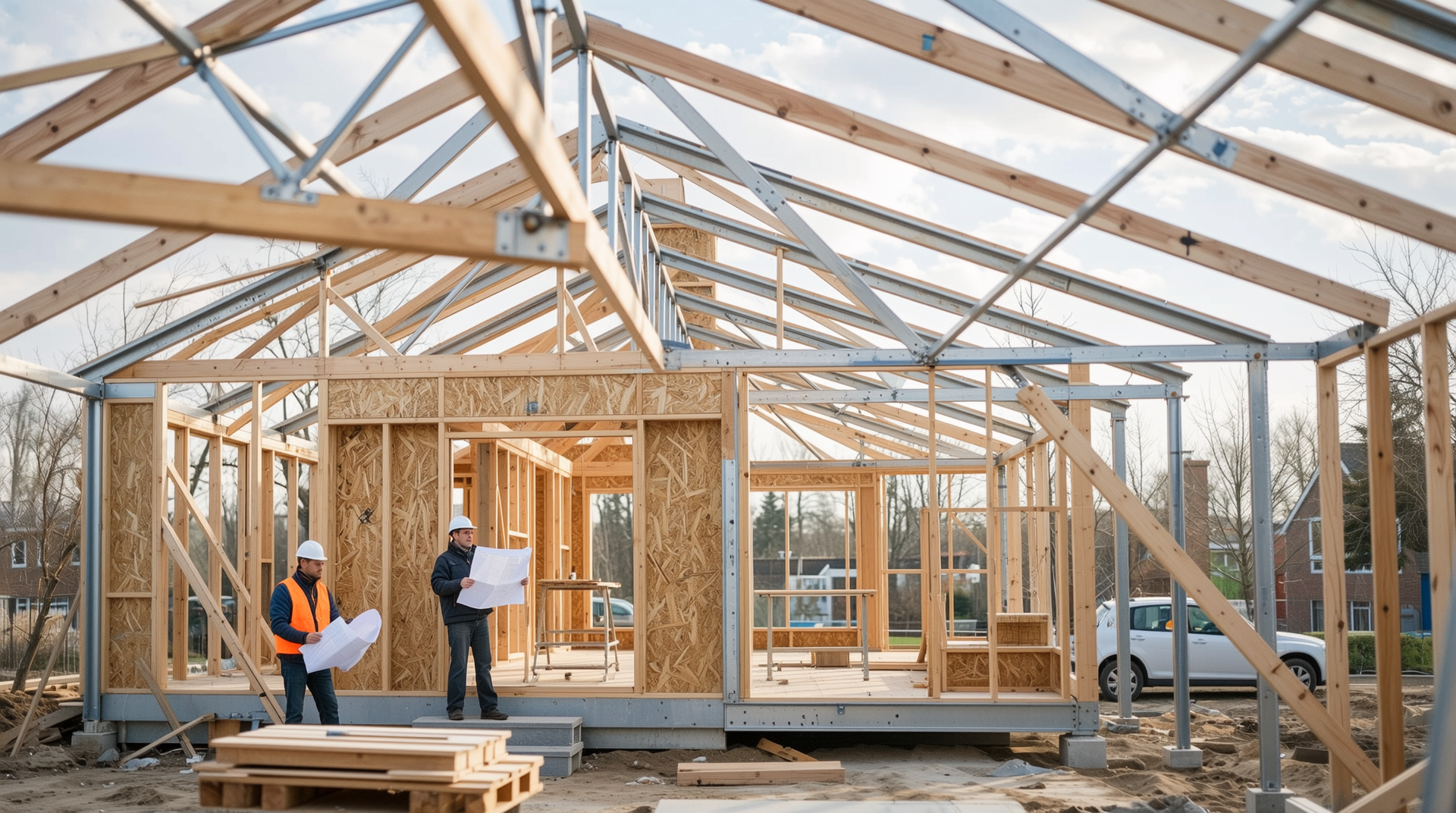 주택 골조를 이루는 목재 및 철골 자재가 보이는 건설 현장