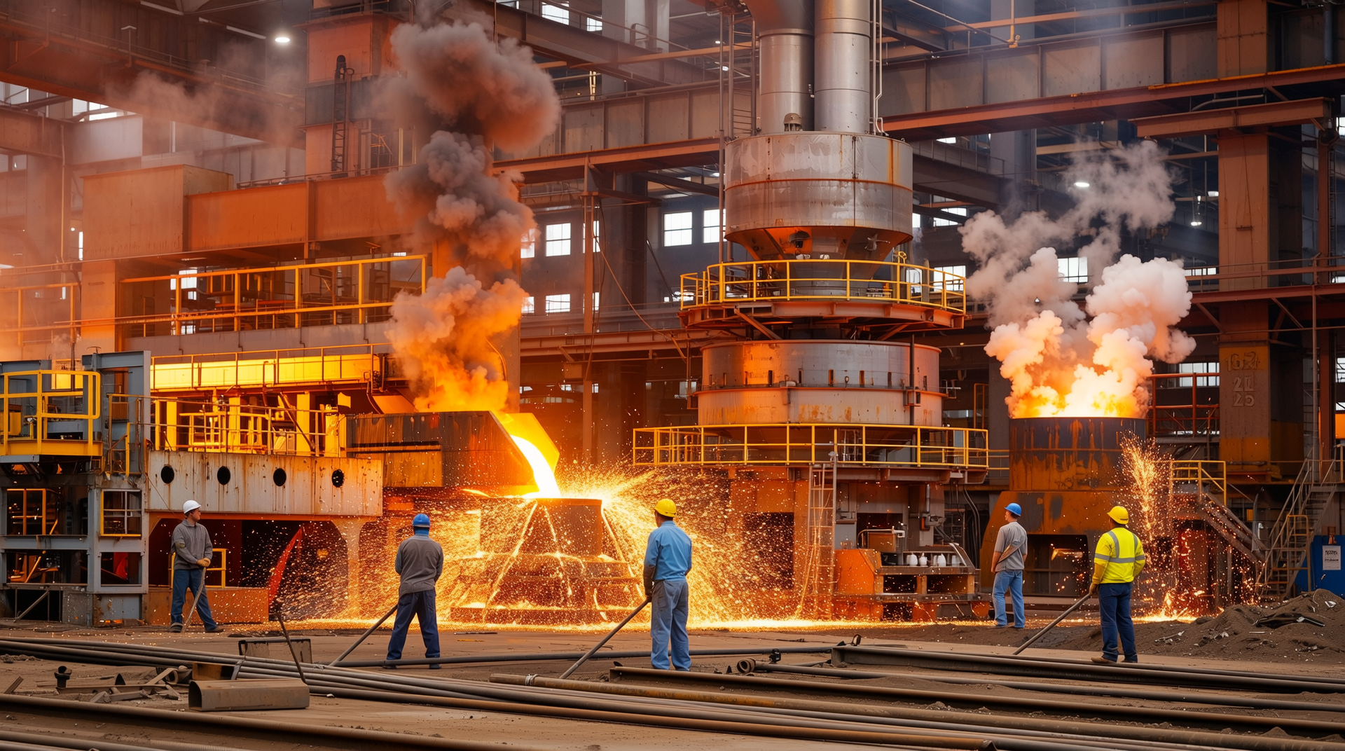 2025년 원자재 비용과 관세 영향으로 상승하는 철강 가격을 보여주는 제강 공장과 용광로 모습