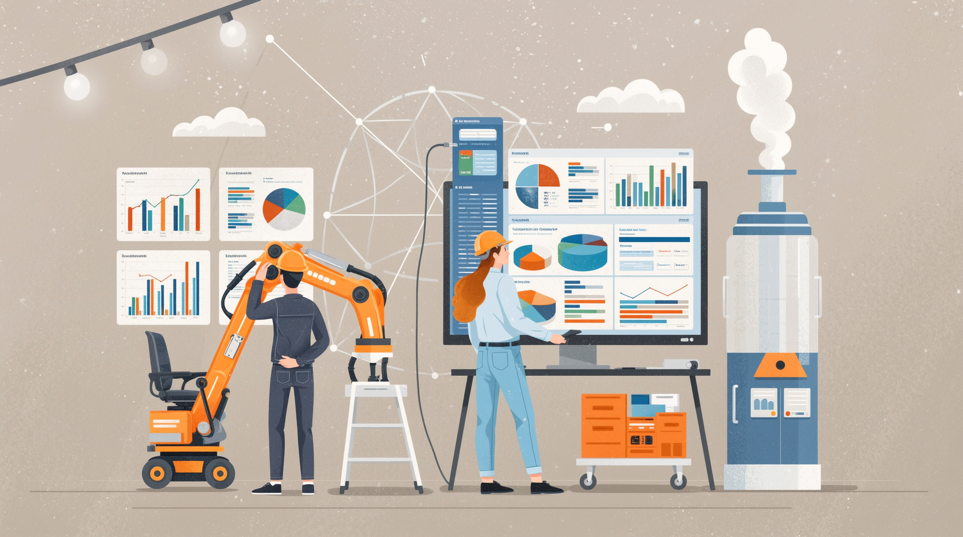 건설업계의 대응 전략으로 시장 모니터링과 계약 조건 조정, 공급처 다변화, 친환경 스마트 생산을 강조하는 전문가 이미지