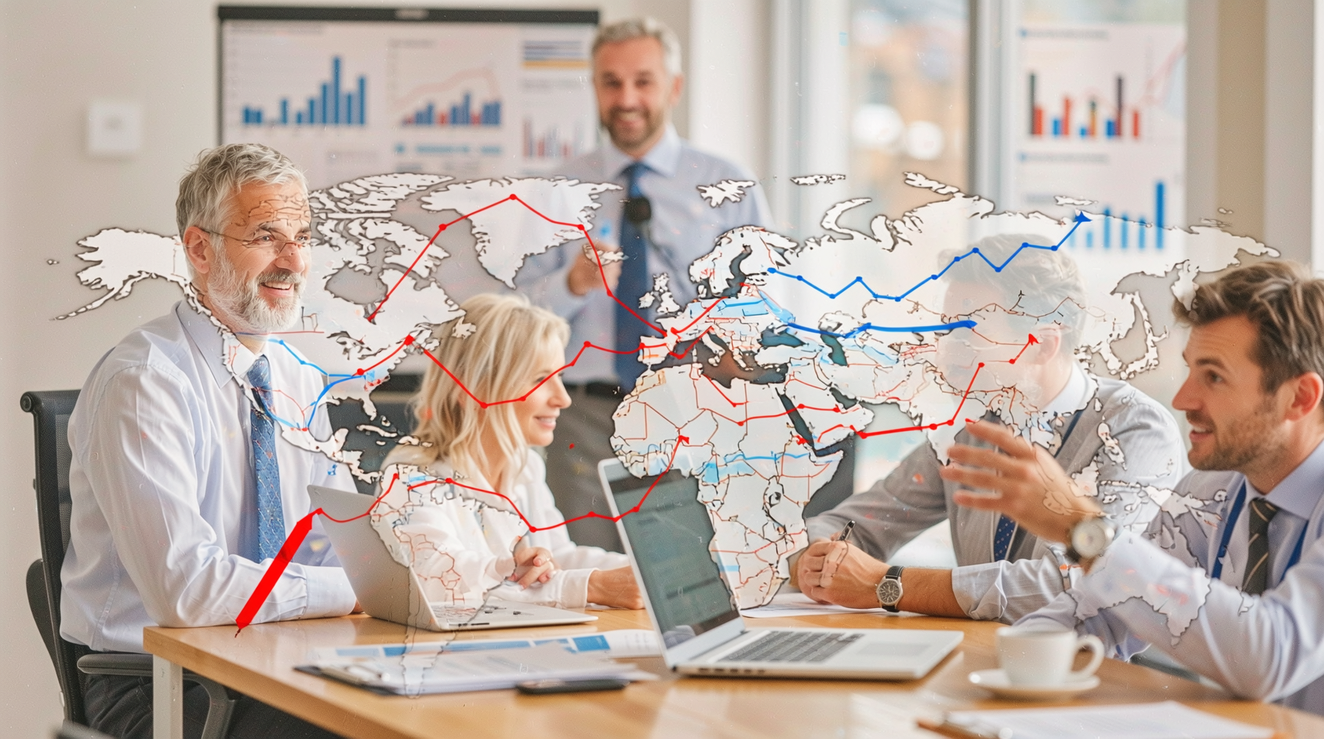 2025년 관세 정책 전망과 무역환경 변화에 대한 미래 방향성 논의를 하는 무역 관계자 회의 이미지