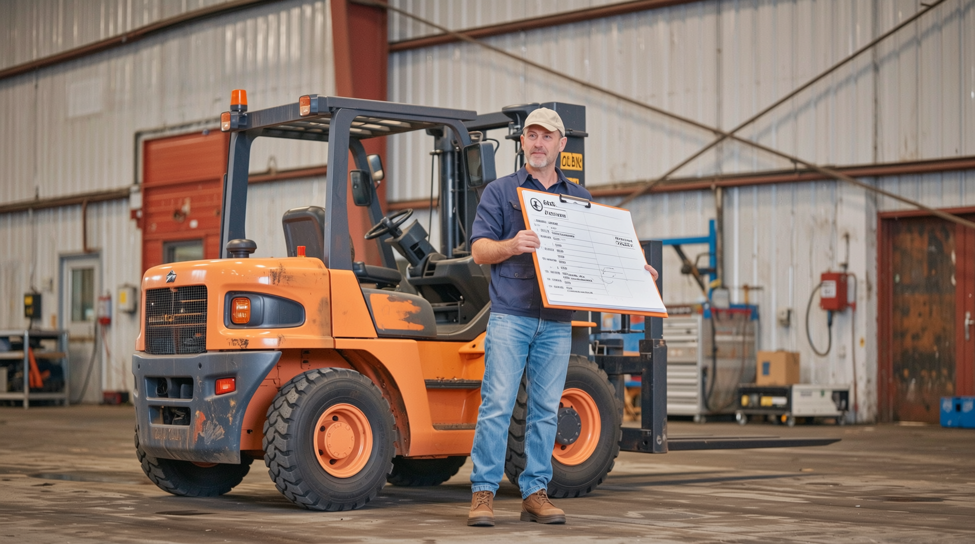 중고 지게차 구매 전 점검 항목을 확인하는 모습