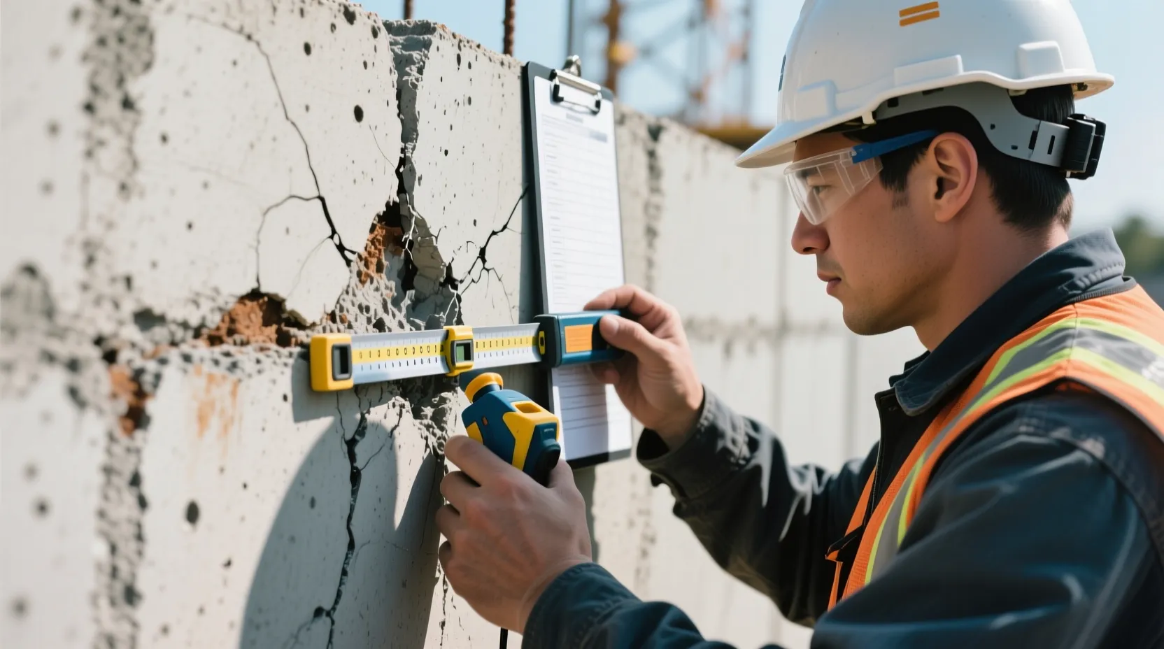 콘크리트 외벽 상태 점검과 작업 준비 과정을 보여주는 작업자 모습