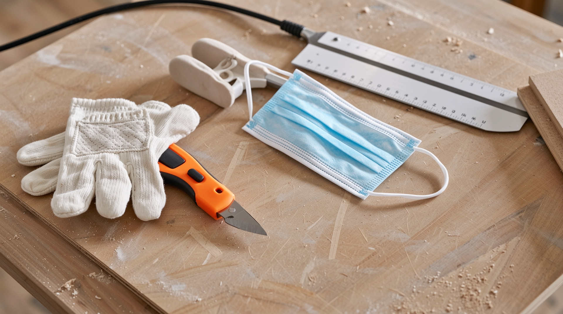 안전장비를 착용한 전문가가 MDF를 절단하고 조립하는 시공 과정 이미지