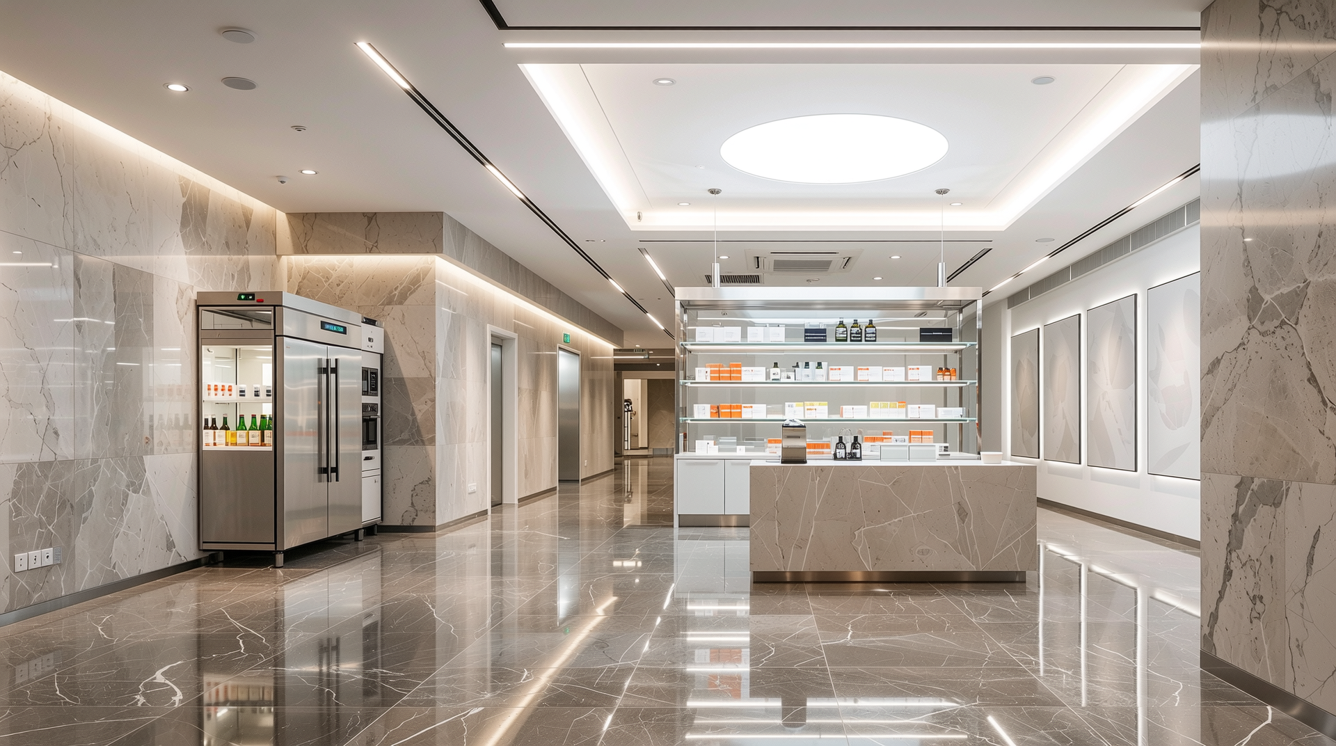 미니멀리즘과 인더스트리얼 스타일의 방수 마감재가 사용된 세련된 상업 공간