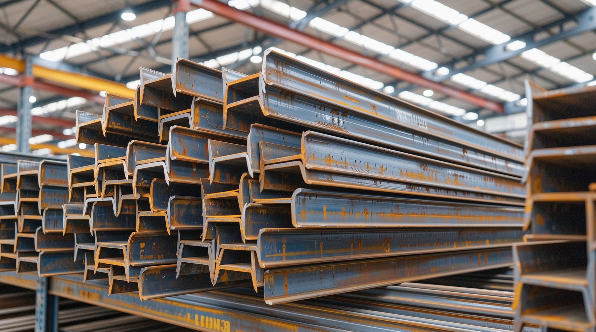 2025년 건설 및 인프라 프로젝트에서 중요해진 H형강의 대형 창고에 쌓여 있는 모습