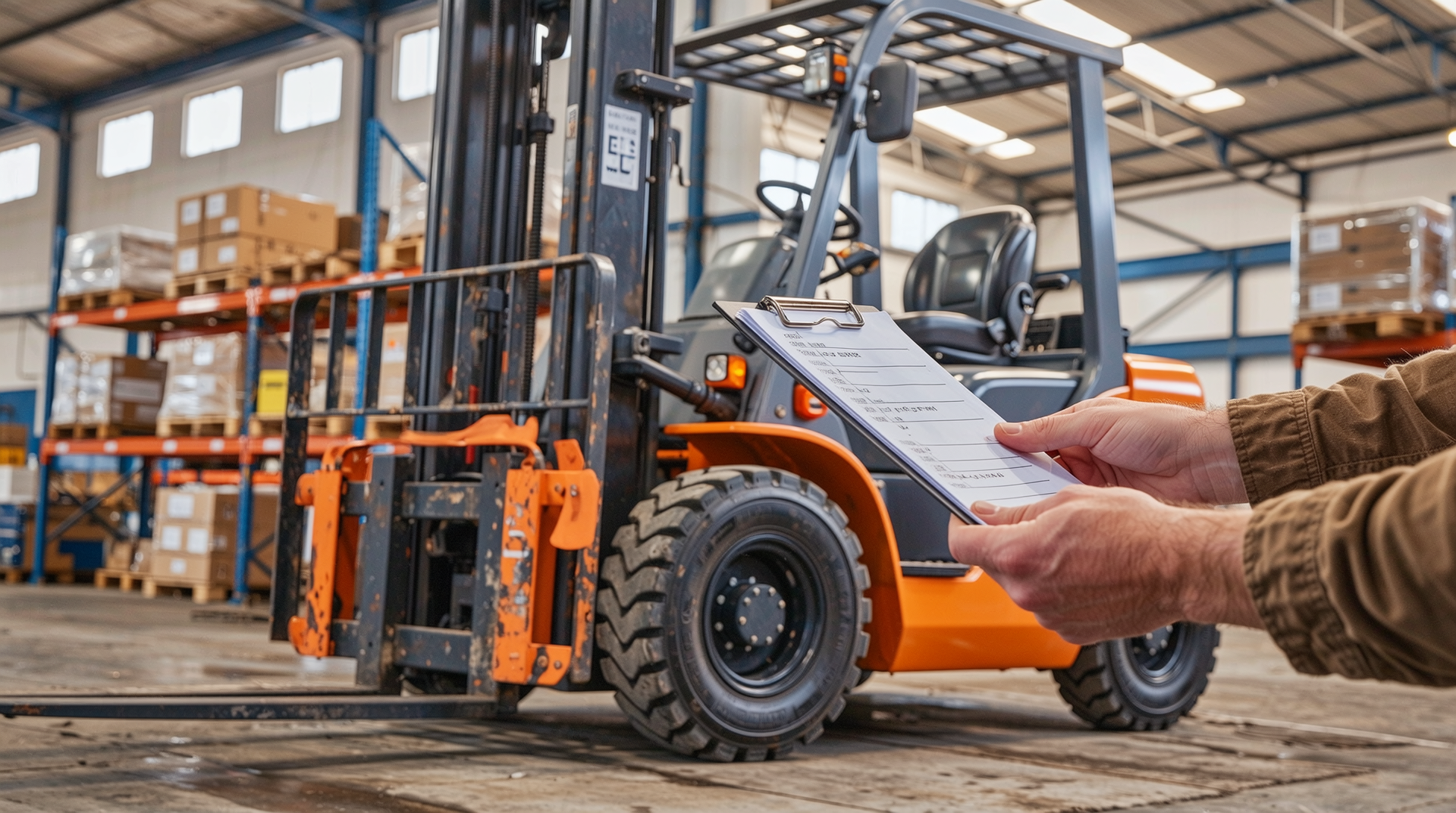 중고 지게차 구매 전 점검 체크리스트를 확인하는 모습의 이미지