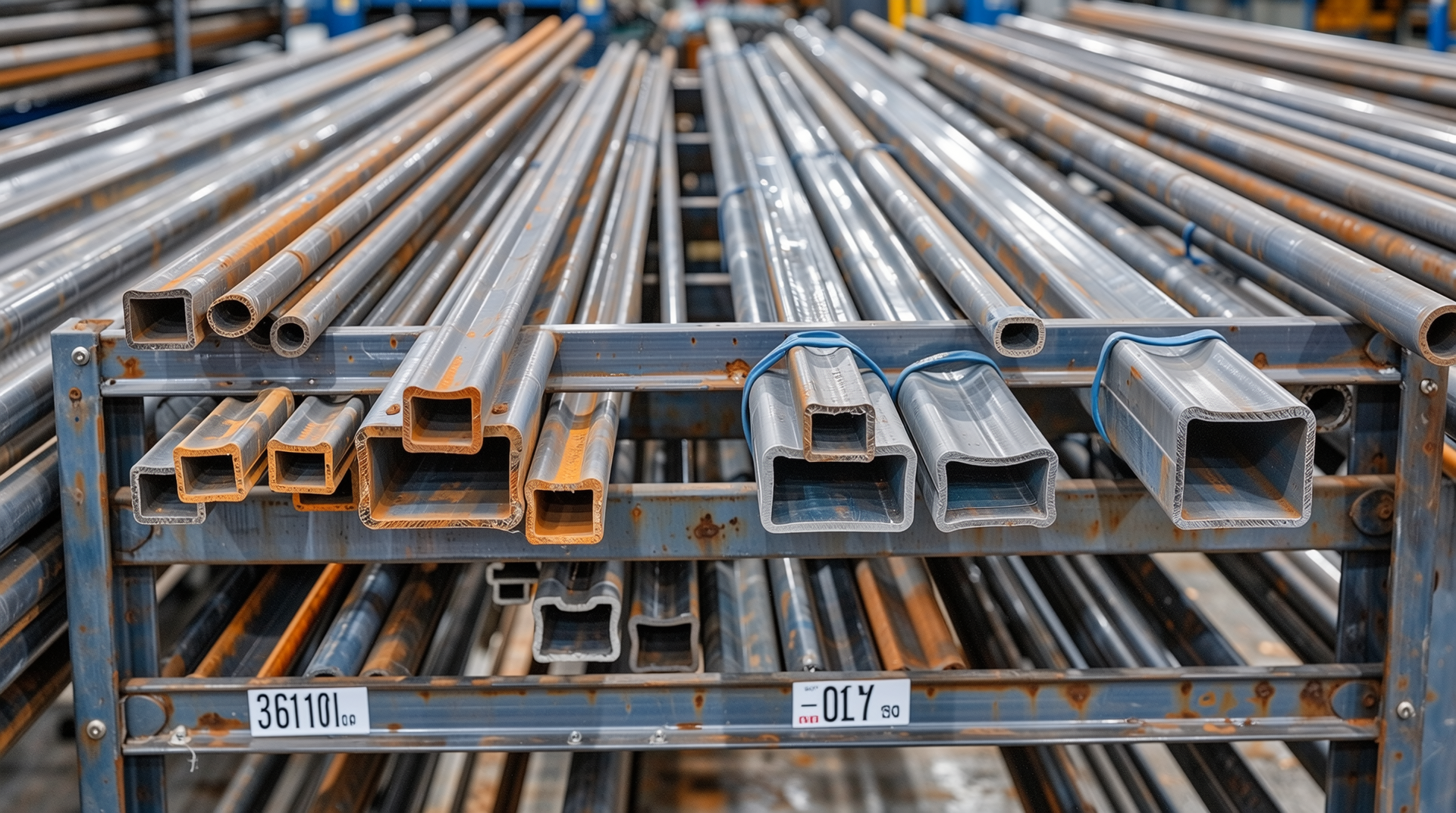 제조사별 C형강 가격이 표시된 철강 제품 진열