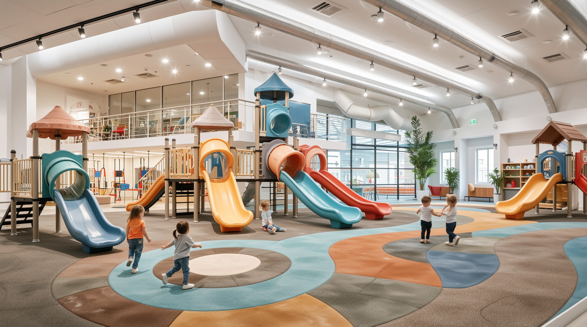 어린이들이 안전하게 놀고 있는 PVC 바닥재와 PU 바닥재가 함께 보이는 현대적인 실내 놀이터 바닥