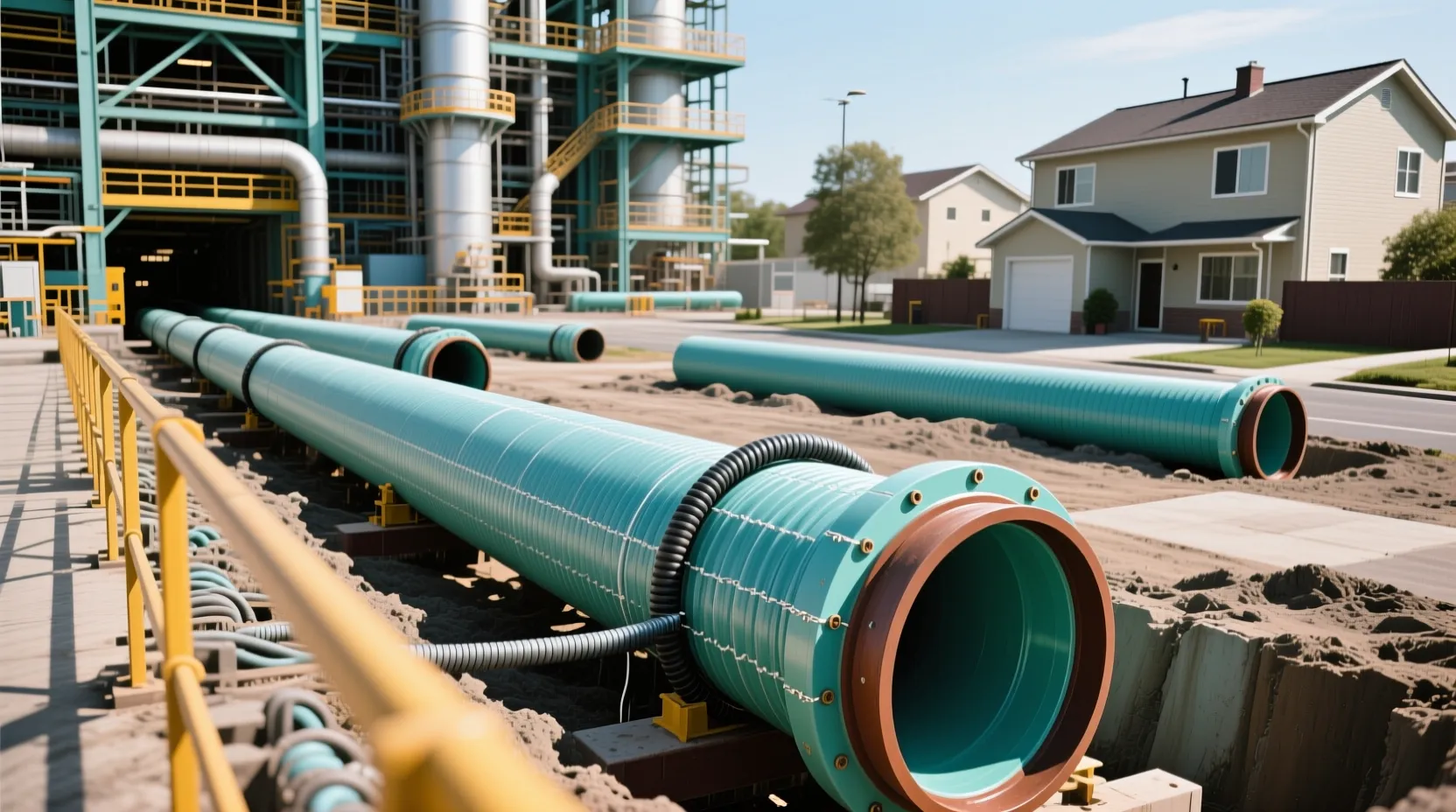 내압 하수관과 일반 하수관의 사용 환경과 구조를 비교 보여주는 산업시설과 주거지역 하수관