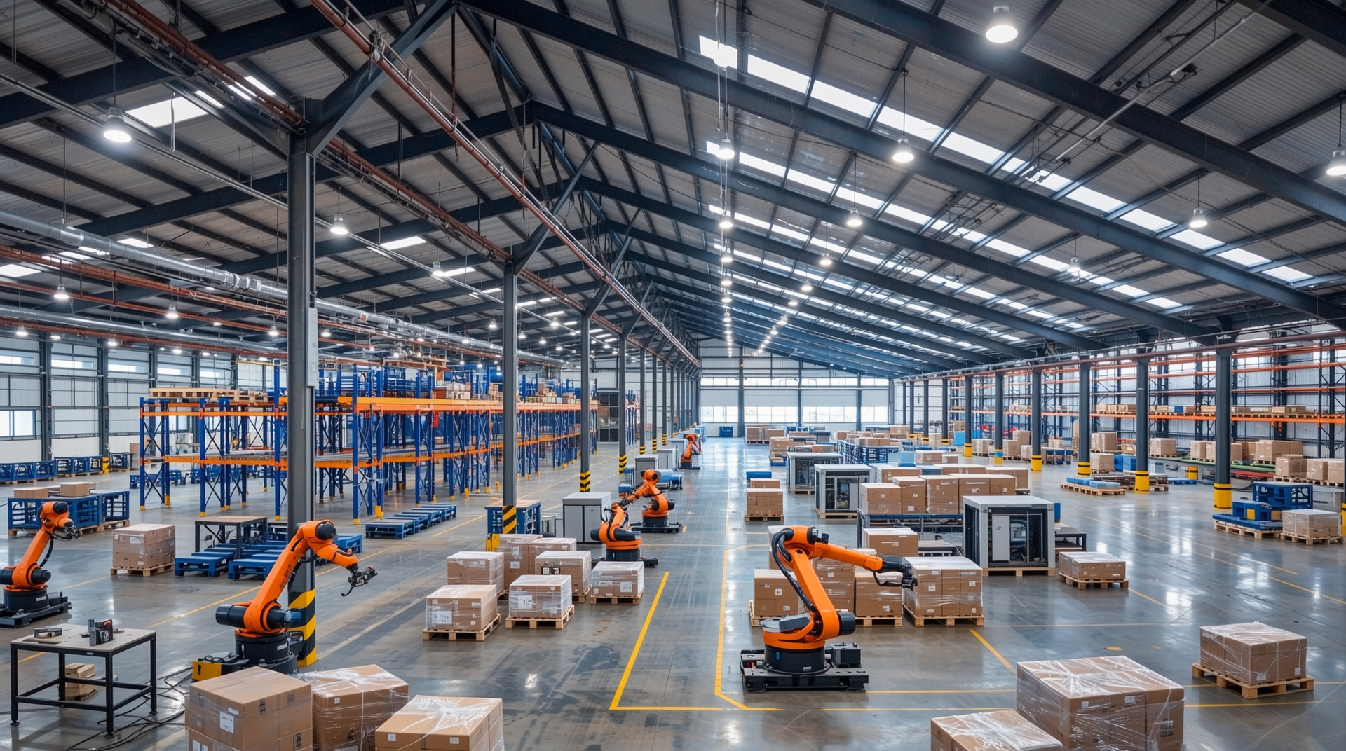 넓은 기둥 간격과 높은 층고의 스마트 자동화 창고 내부 항공 이미지