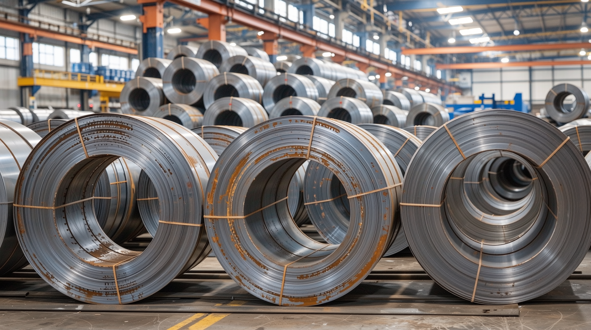 자동차, 조선, 건설산업에 필수적인 열연강판이 쌓여 있는 산업 창고의 실사 이미지