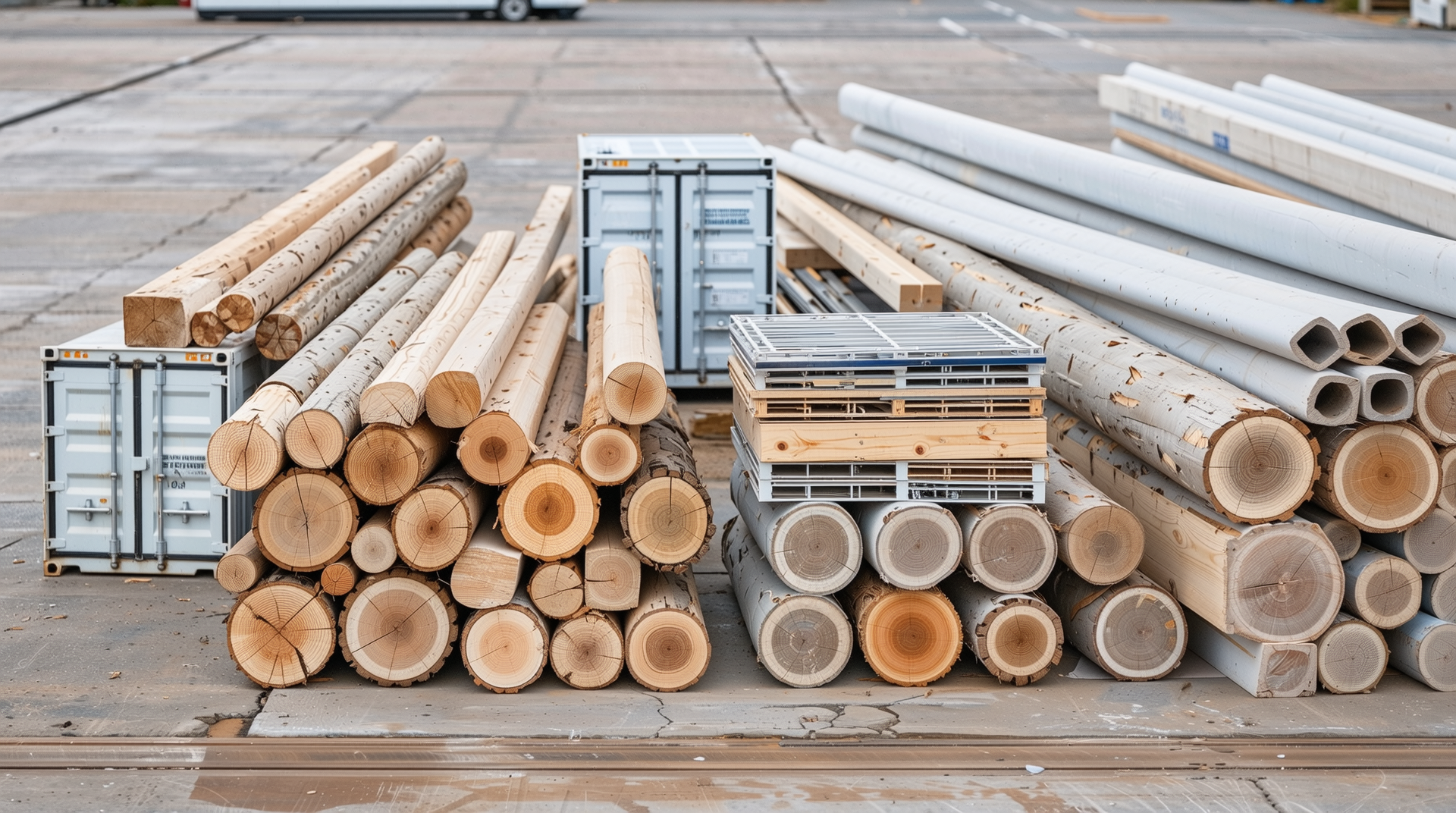 목재, 철골, 조립식, 컨테이너 등 다양한 농막 골조 자재가 잘 배열된 사진