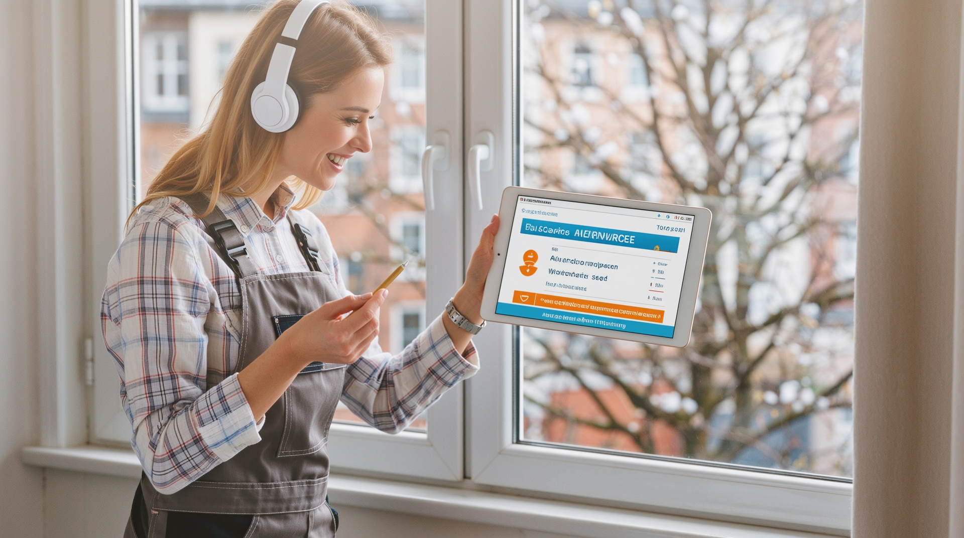 알루미늄 창호 AS 서비스 상황에서 고객 상담원이 태블릿을 이용해 고객을 돕는 장면