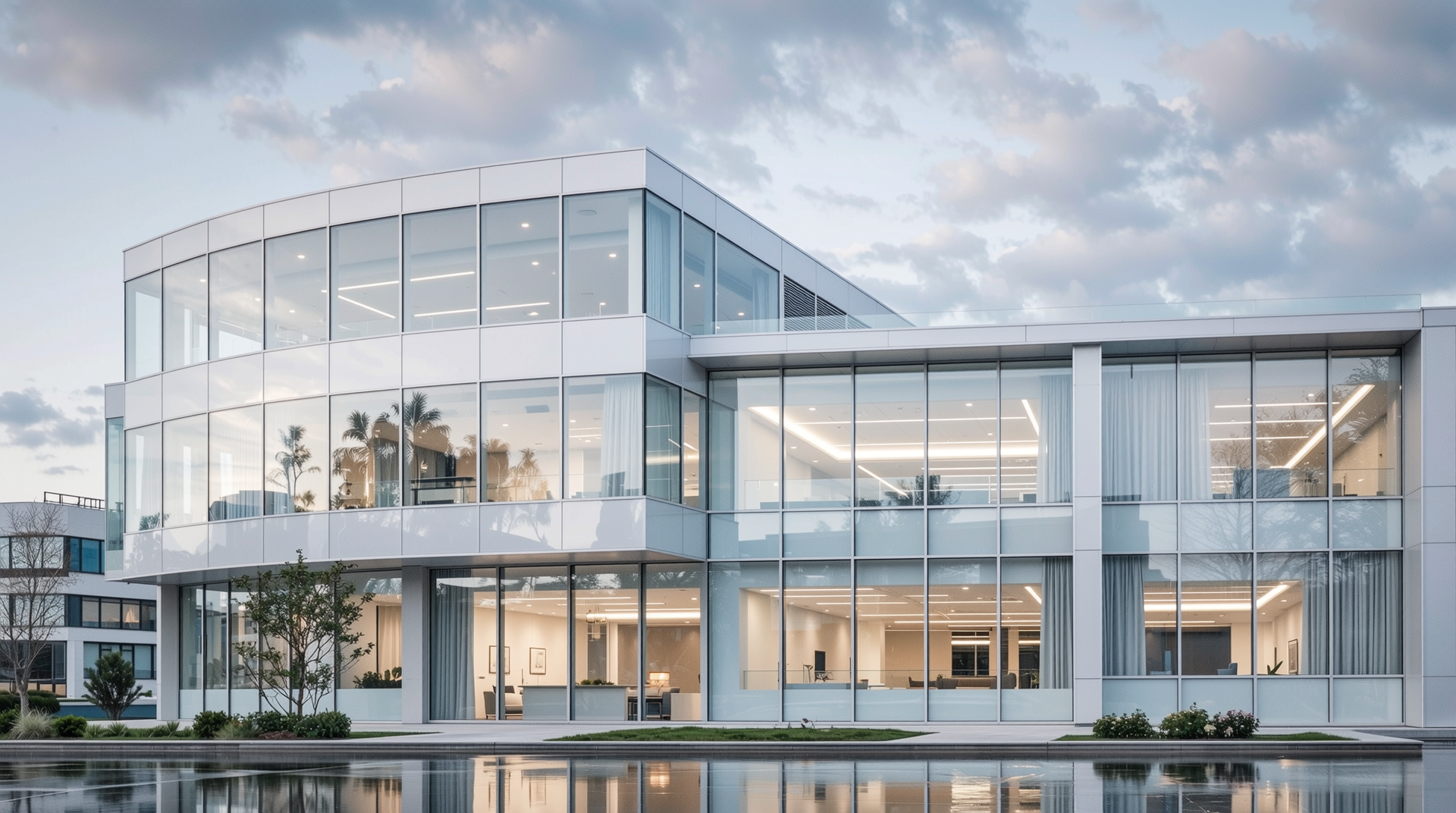 상업용 건물 외관에 대형 고품질 유리창과 알루미늄 및 복합재 프레임이 적용된 모습