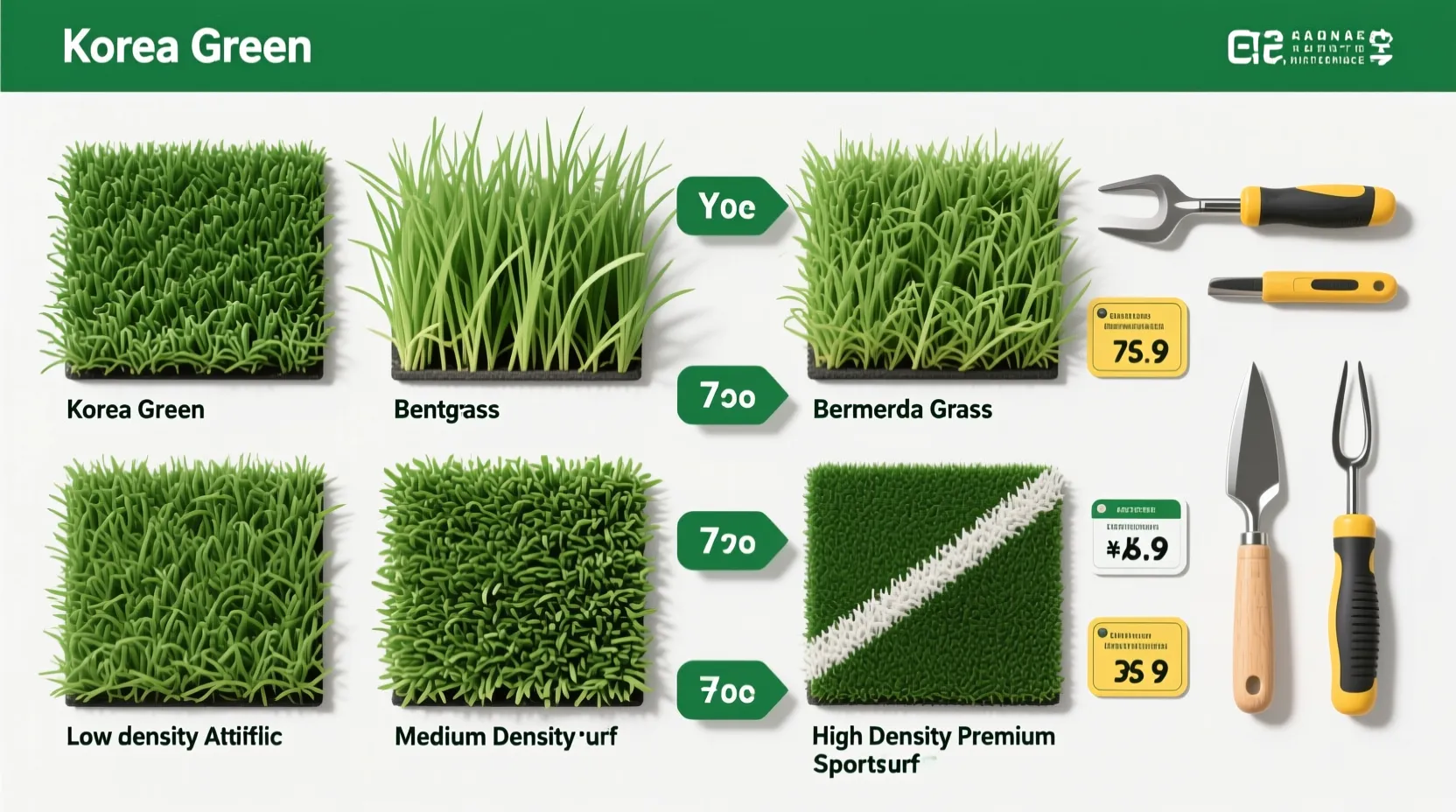천연잔디와 인조잔디 종류별 비교와 가격, 유지관리 도구가 함께 있는 인포그래픽