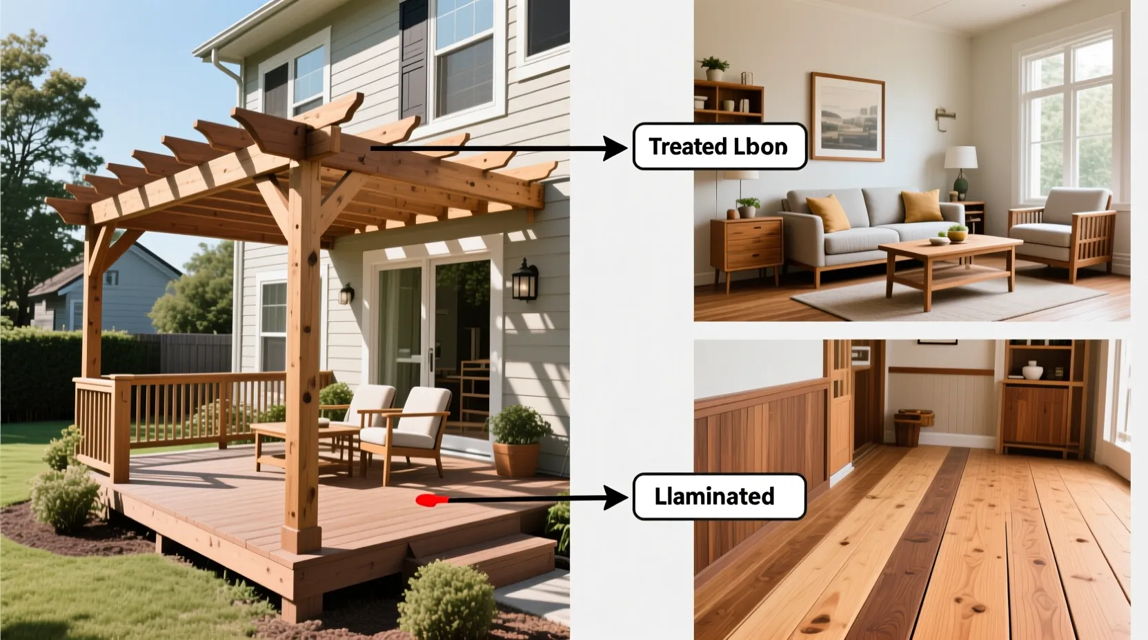 방부목과 집성목의 대표적인 사용 사례를 보여주는 외부와 내부 목재 적용 모습