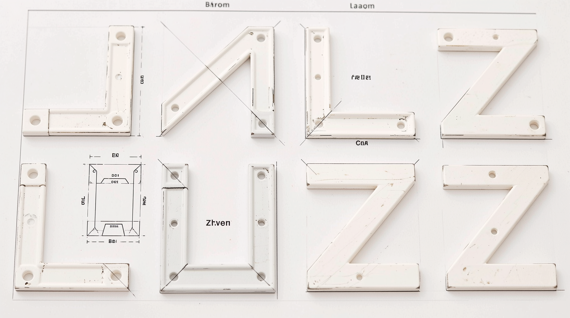 L형, T형, U형, Z형, 플랫형, 강화형 앵글 브라켓 구조를 비교한 도표 이미지