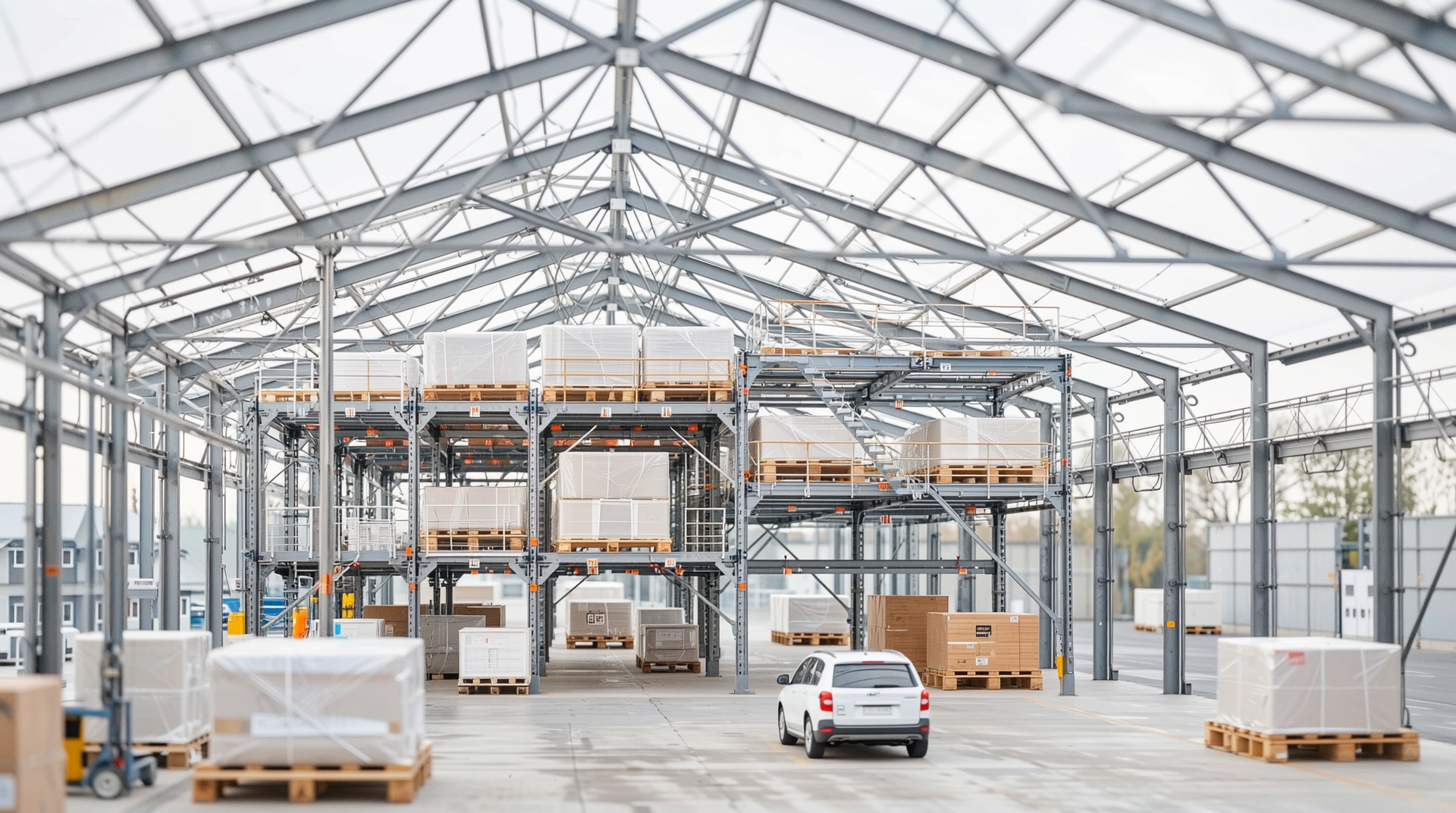 창고 철골 구조 설계의 핵심 요소와 최신 기술을 통합적으로 보여주는 개념도