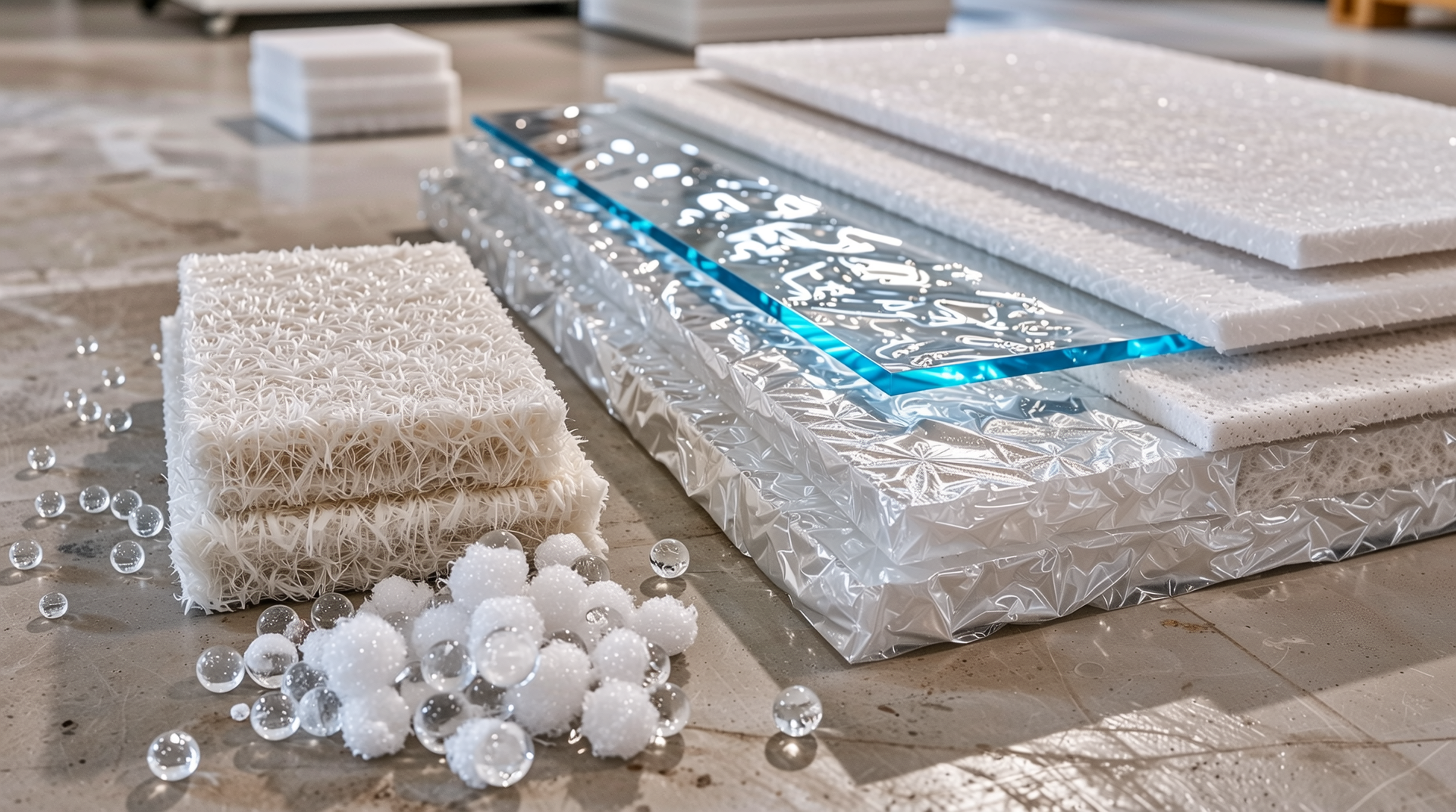 에어로젤, 진공 단열 패널, 세라믹 섬유 등 고효율 단열재의 초슬림 경량 특성을 보여주는 이미지