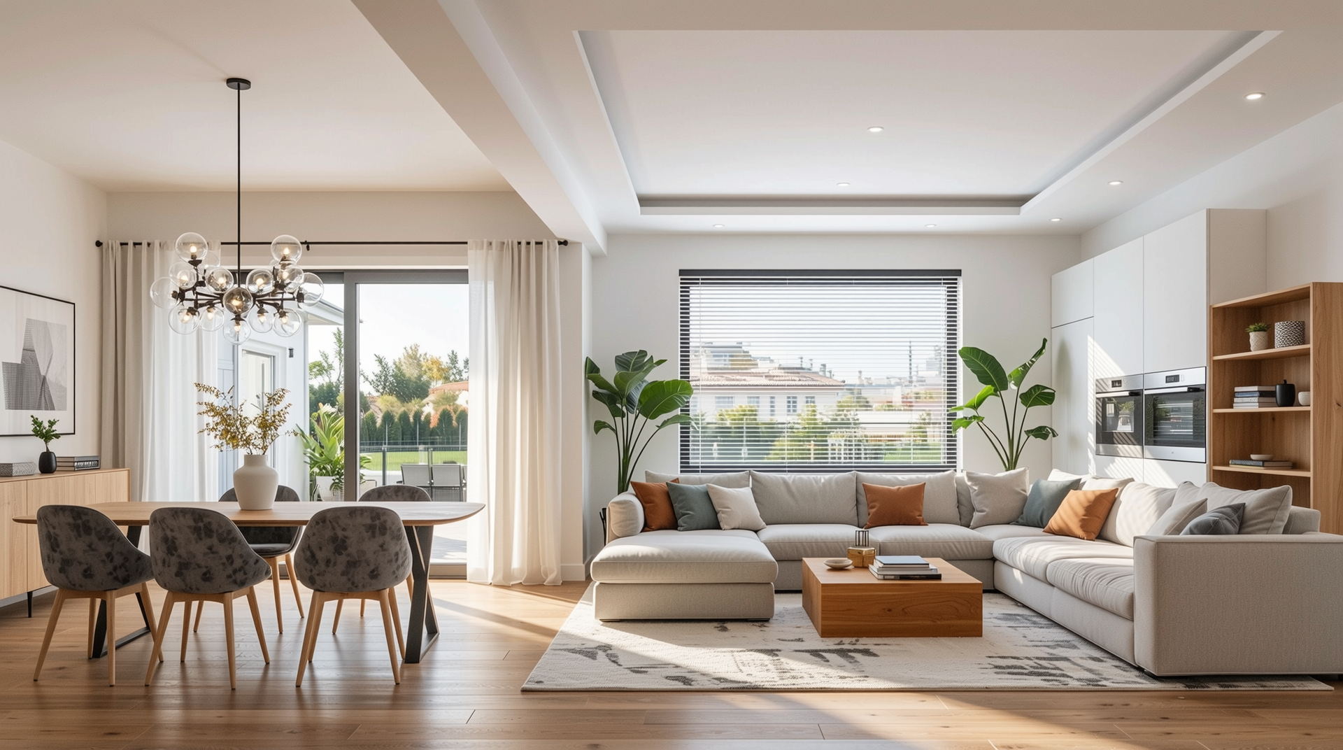 파노라마 대형 슬림 프레임 창과 자동 블라인드가 IoT 시스템과 연결된 빌라 거실