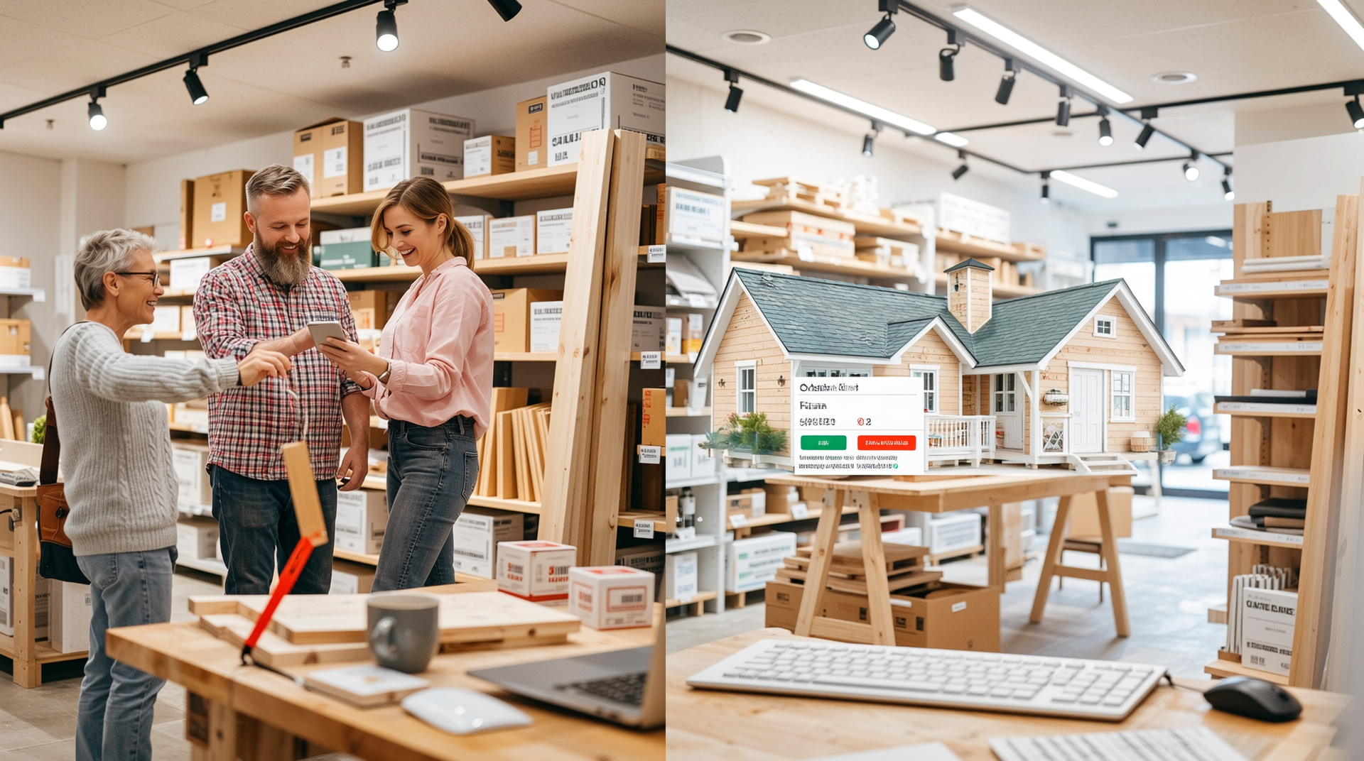 농막 골조 자재 세트의 오프라인 매장과 온라인몰 구매 화면 비교