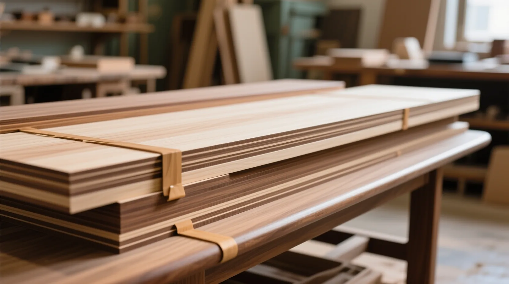 집성목 판재를 사용한 고급 실내 가구 제작 모습