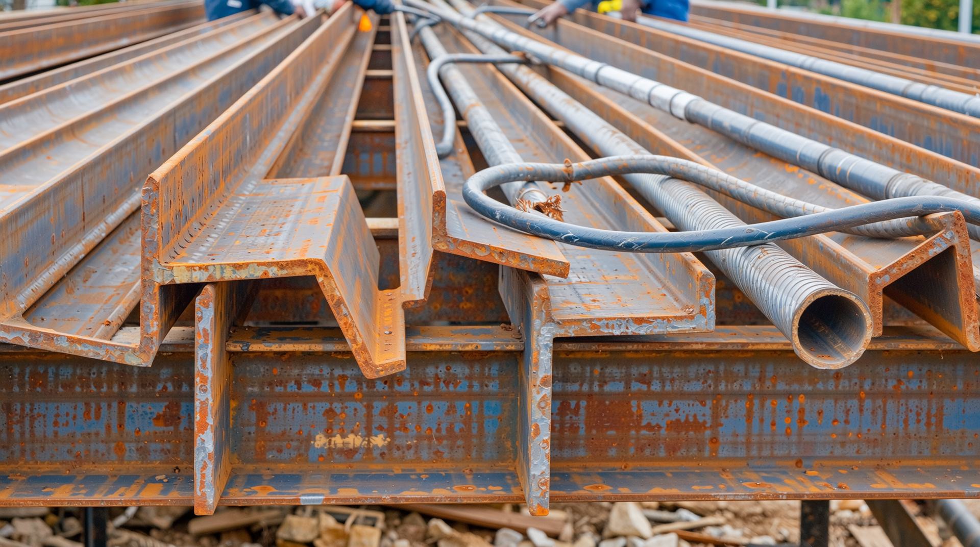 현장에서 H빔을 설치하고 용접하는 작업자의 모습과 철골 구조 디테일