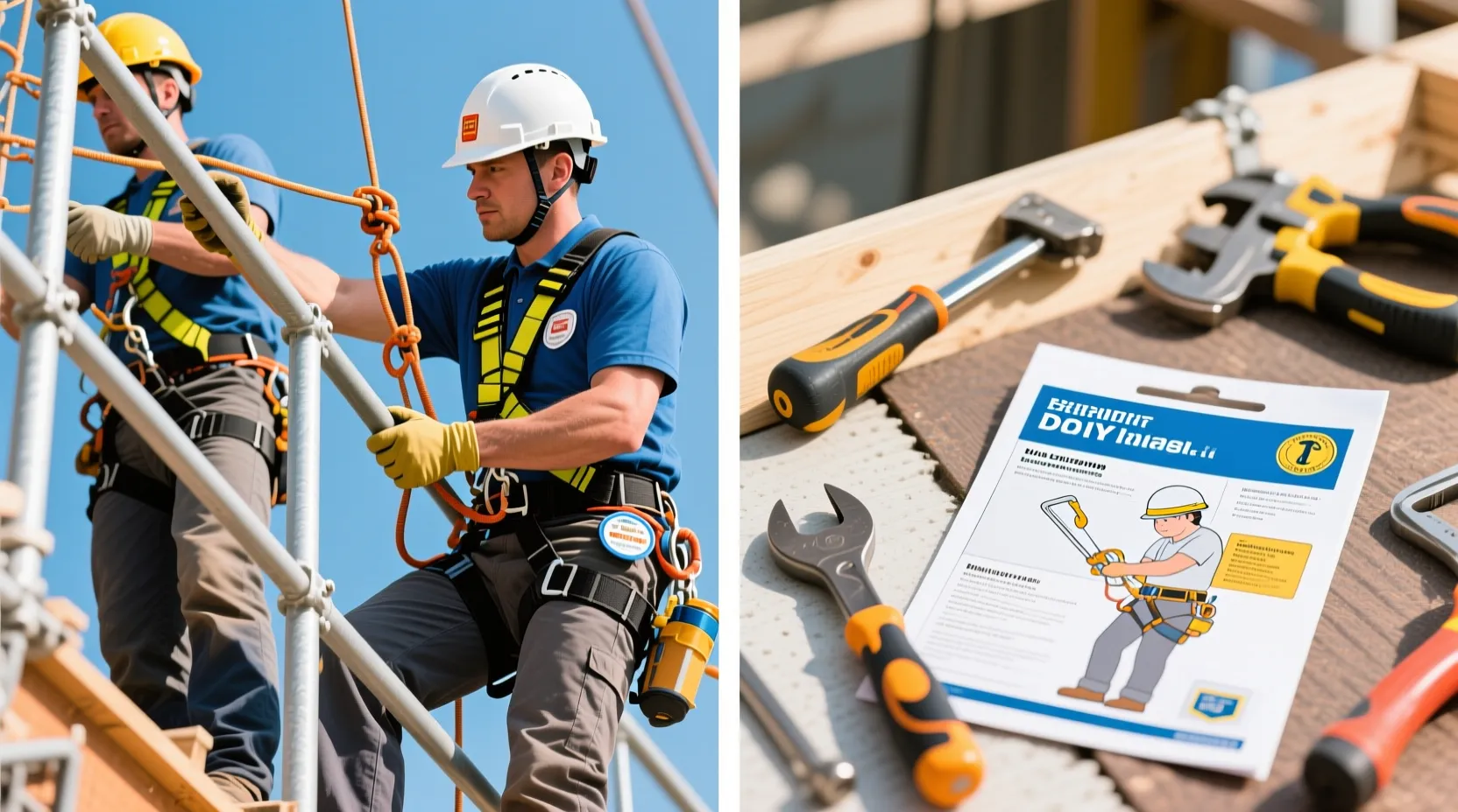 전문 시공 업체의 추락방지 난간 설치 현장과 DIY 설치장비를 대비한 이미지