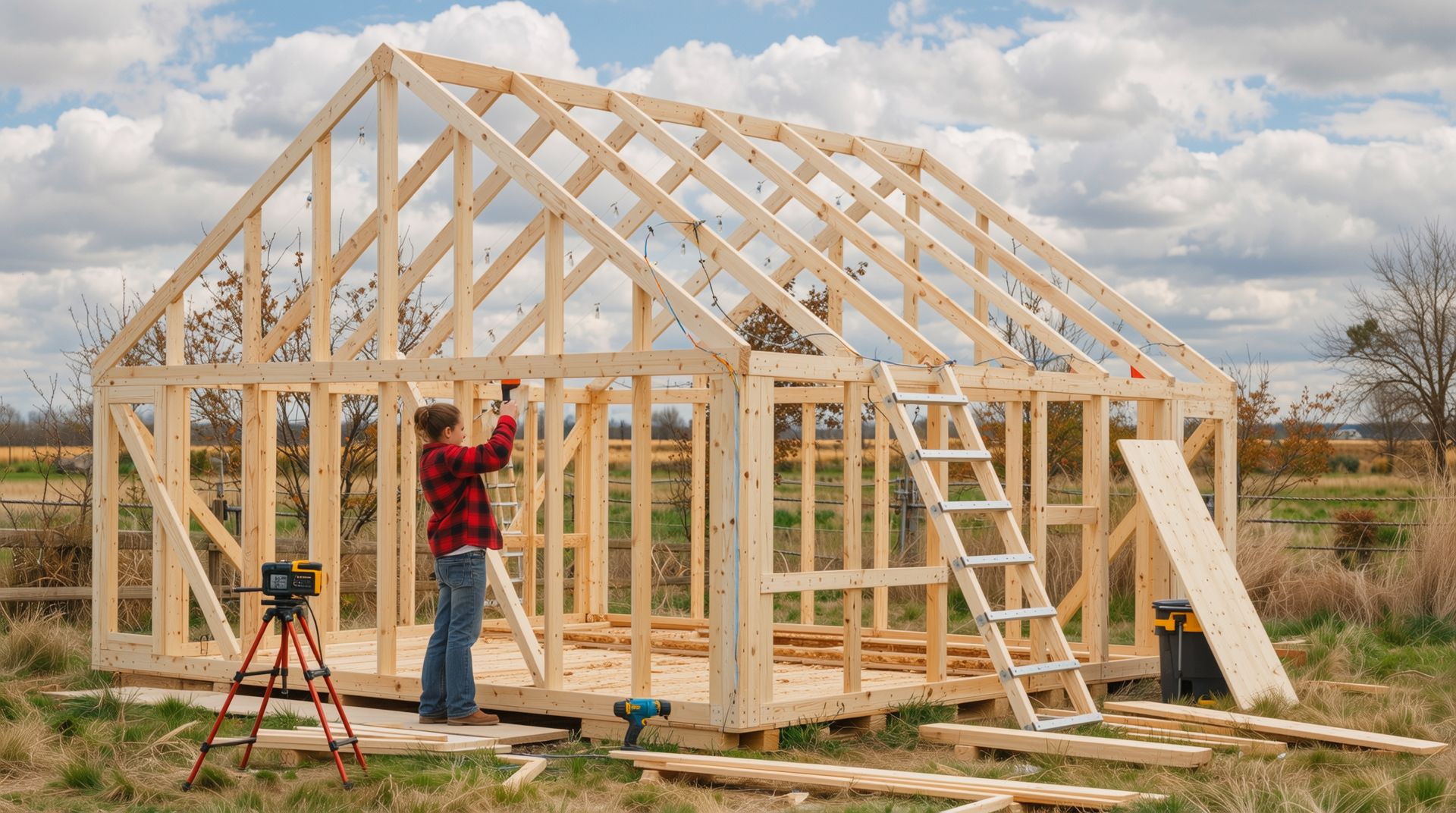 직접 조립식 골조 자재를 구매해 스스로 설치하는 모습