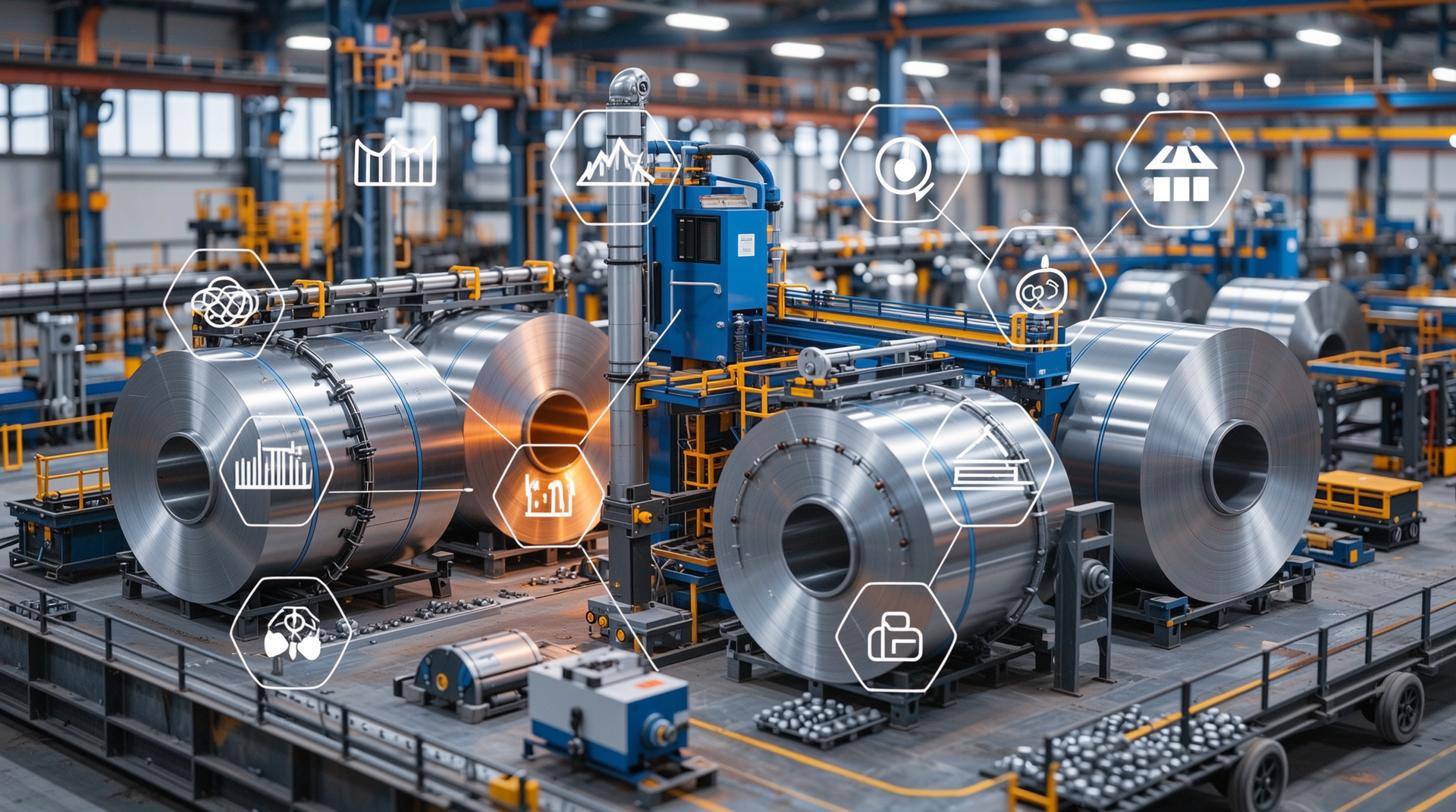 철광석, 석탄 가격 상승과 공급망 문제, 무역 규제 등의 요인들을 시각화한 철강 제조 공장 장면