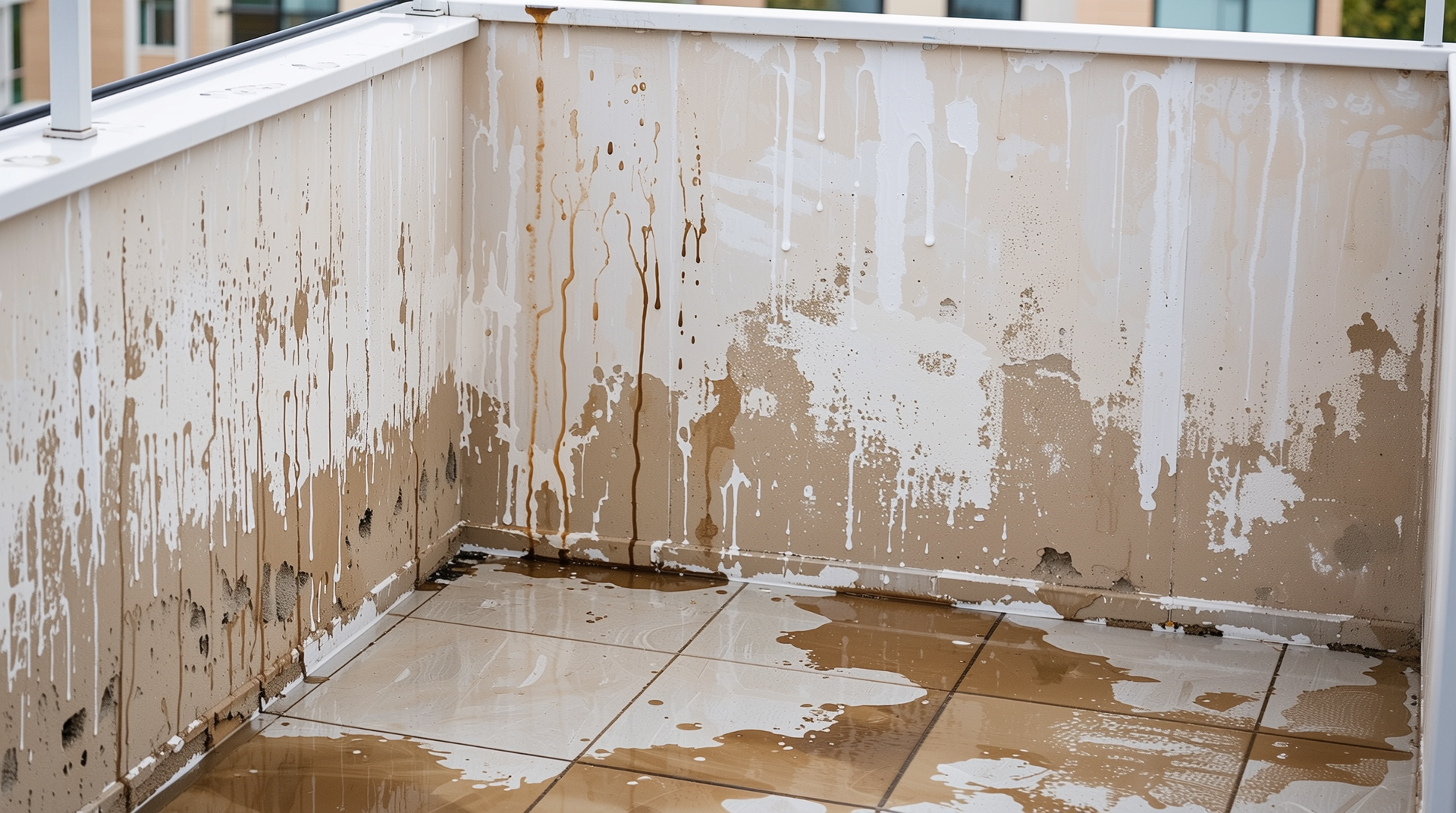 베란다 누수로 인한 손상과 방수 자재 필요성 시각화 이미지