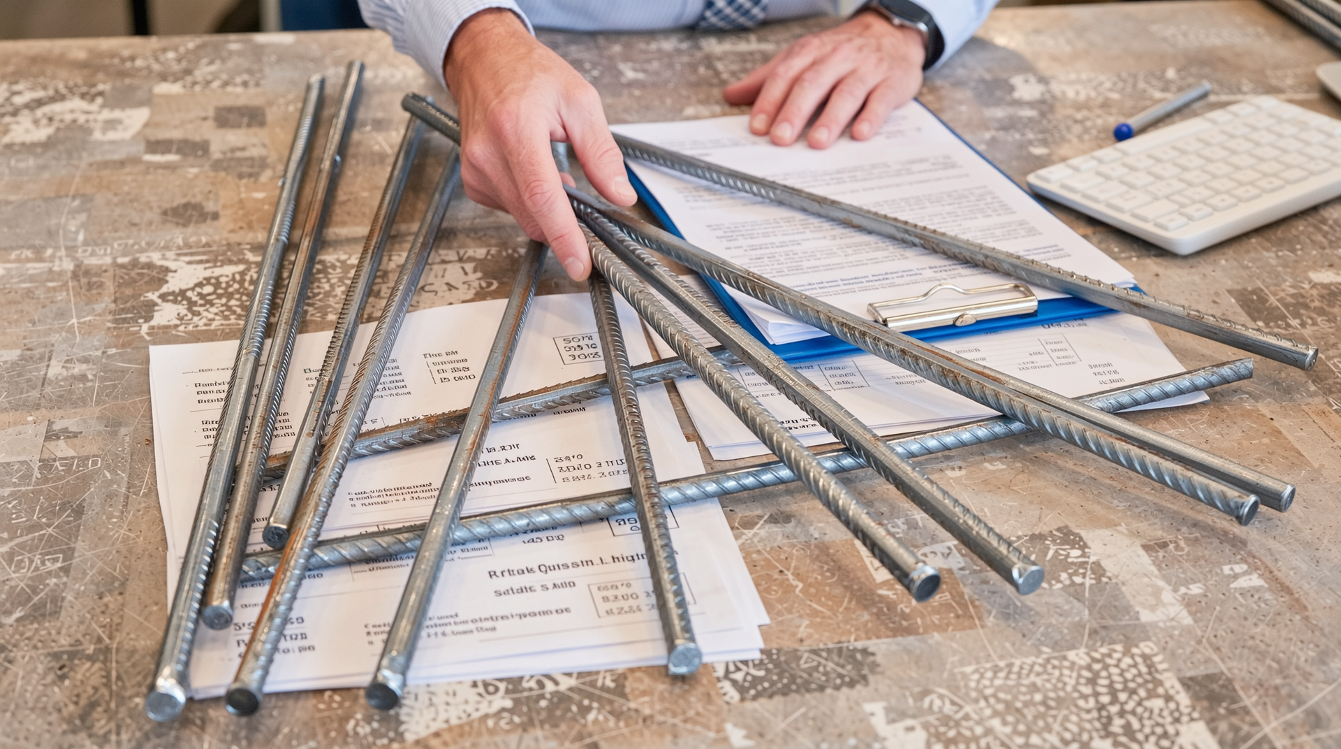 SD400과 SD500 철근 구매를 위한 사업가들이 여러 공급 업체와 가격 협상을 하는 모습