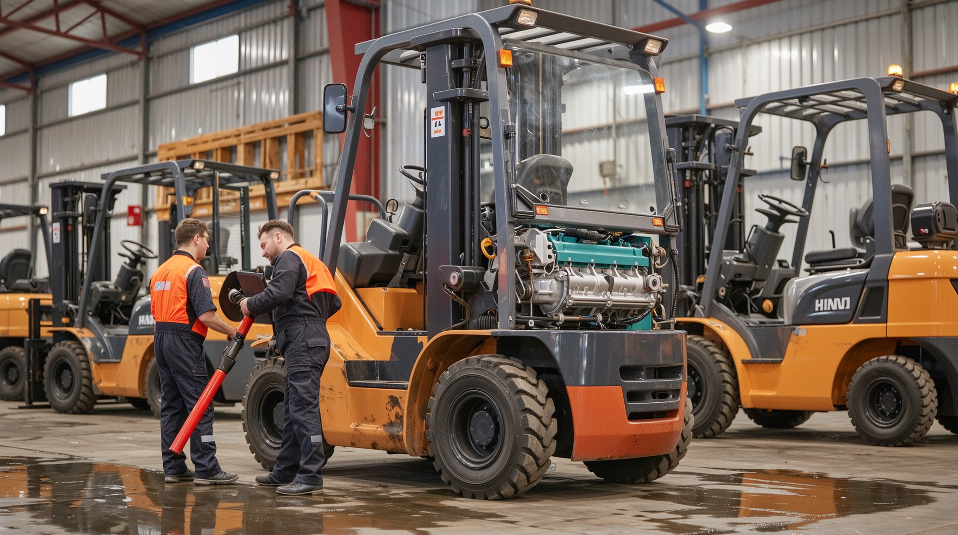 중고 지게차 유지보수 과정과 정비 기술자를 보여주는 이미지