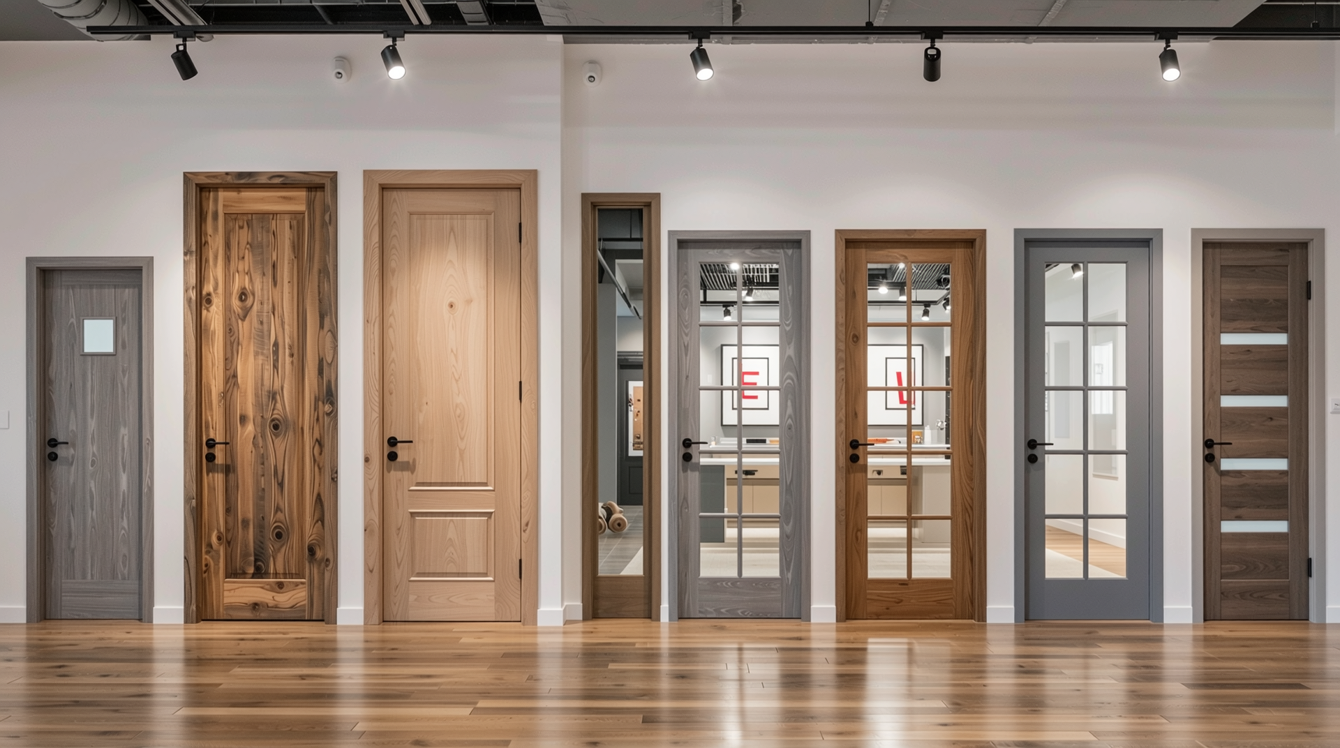 목재, 스틸, 강화유리/알루미늄 방화문 종류와 인증 라벨을 보여주는 전시장 모습