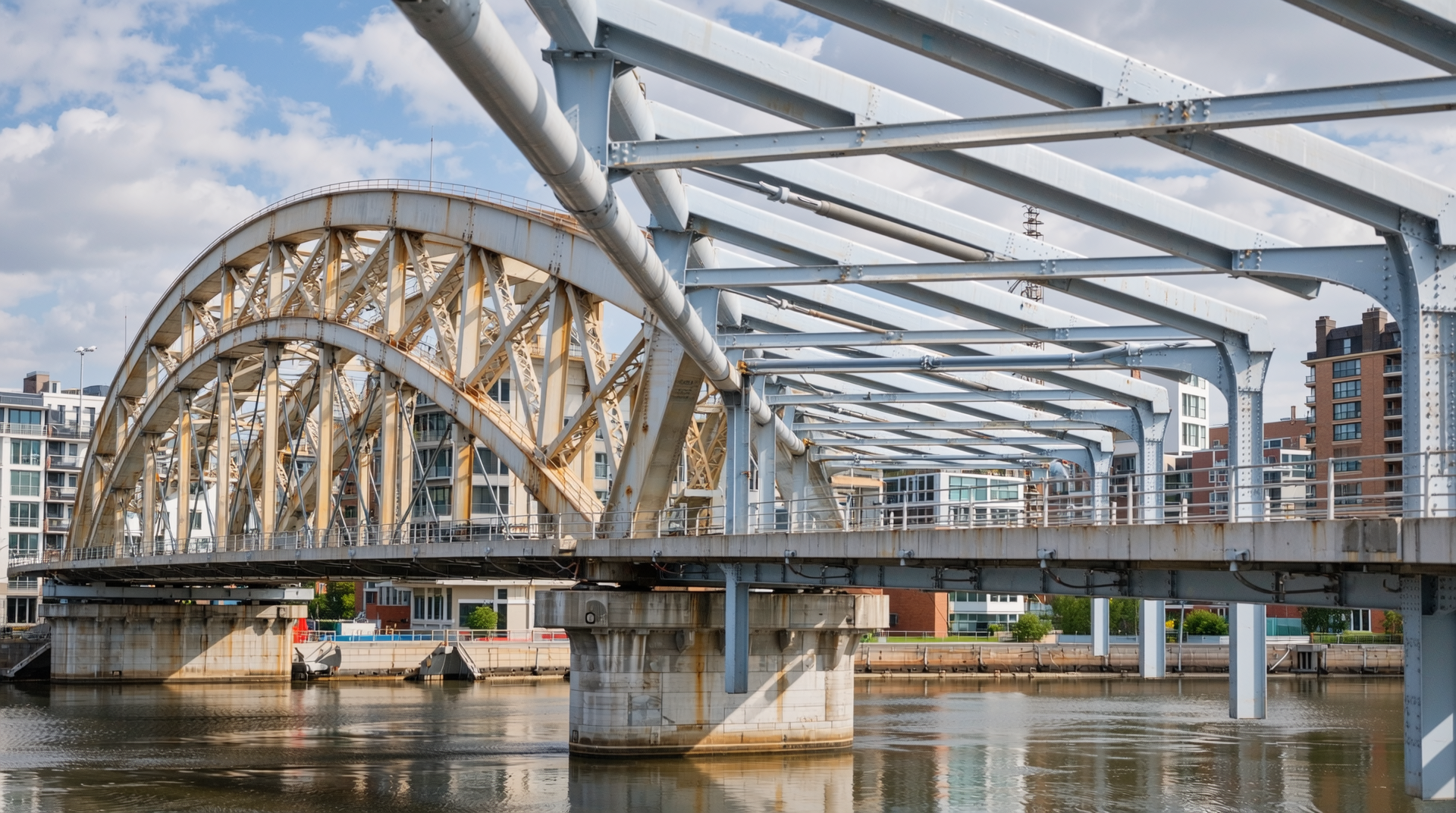 교량 건설 현장의 무거운 하중 받는 H형강과 경량 인테리어 철골 구조의 C형강 대비 모습