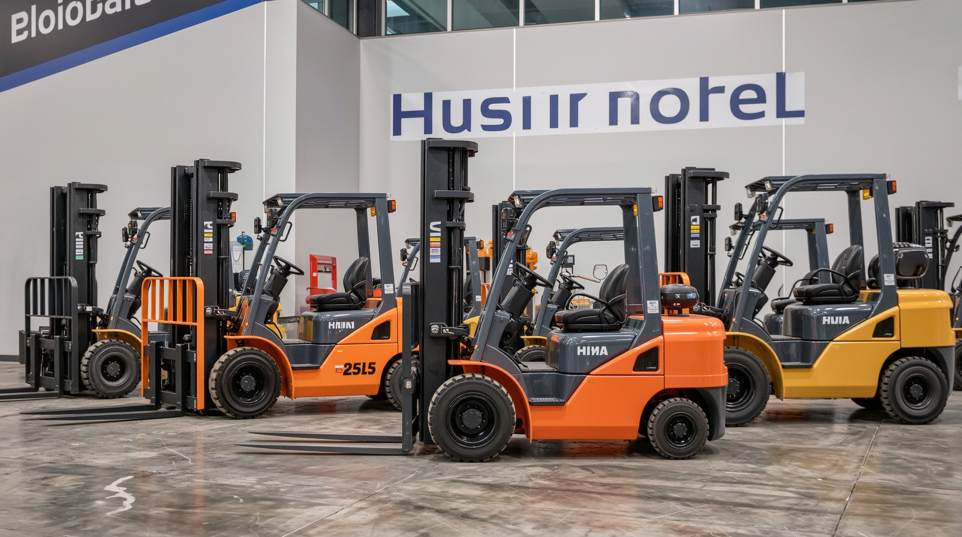 추천하는 중고 지게차 모델들을 전시장에 전시한 이미지