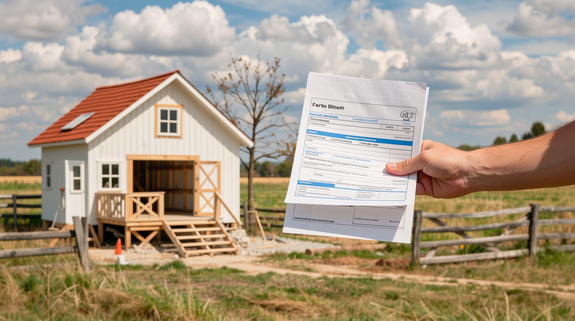 농막 설치 허가 및 신고 관련 서류와 농막 배경의 법적 허가와 합법성 상징 이미지