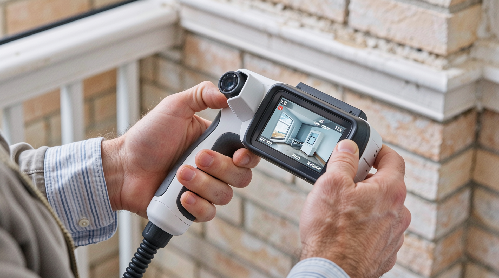 전문가가 적외선 카메라로 베란다 벽 내부의 누수와 습기를 탐지하는 장면