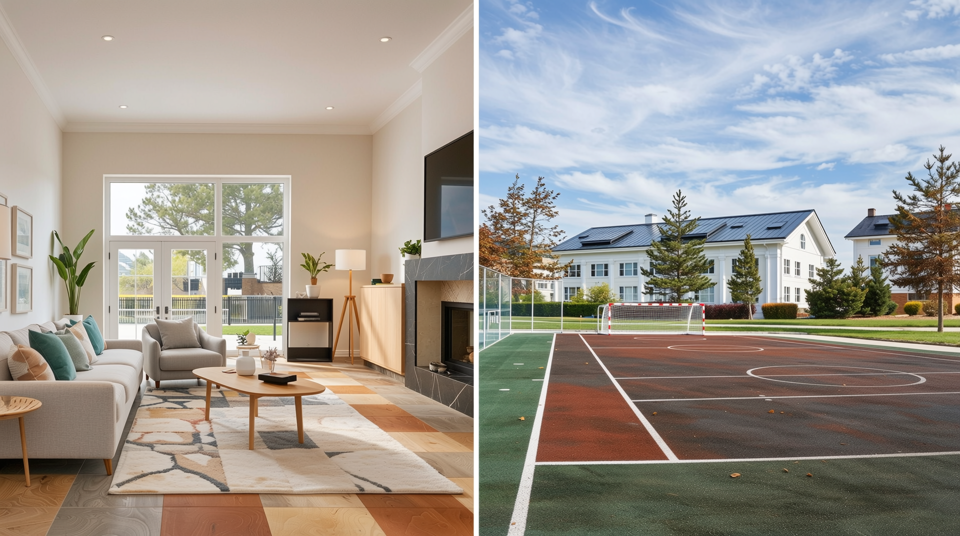 실내 다용도 공간의 다양한 색상의 PVC 바닥재와 실외 스포츠 시설의 내구성 강한 PU 바닥재를 보여주는 요약 이미지