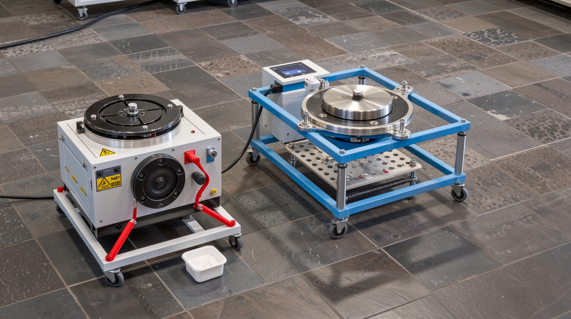 바닥재 내구성 평가를 위한 다양한 시험 장비와 소재의 모습