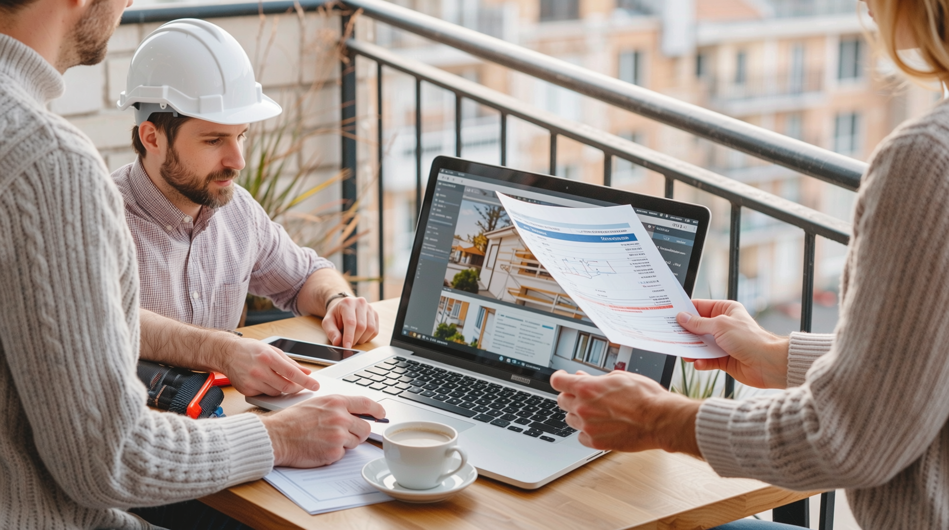 고객이 베란다 현장에서 수리 견적서를 검토하며 상담하는 장면