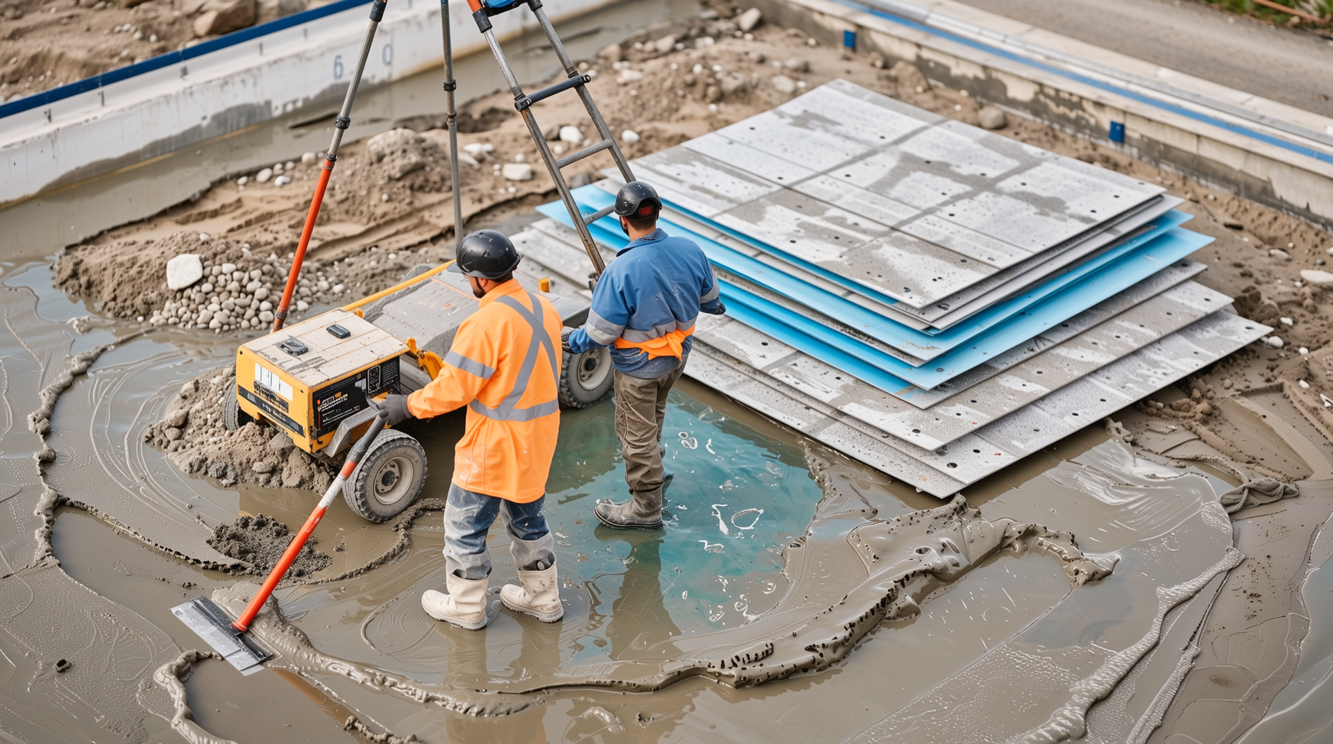 방수 시공 비용 견적의 구성 요소를 나타내는 자재, 인력, 장비 이미지
