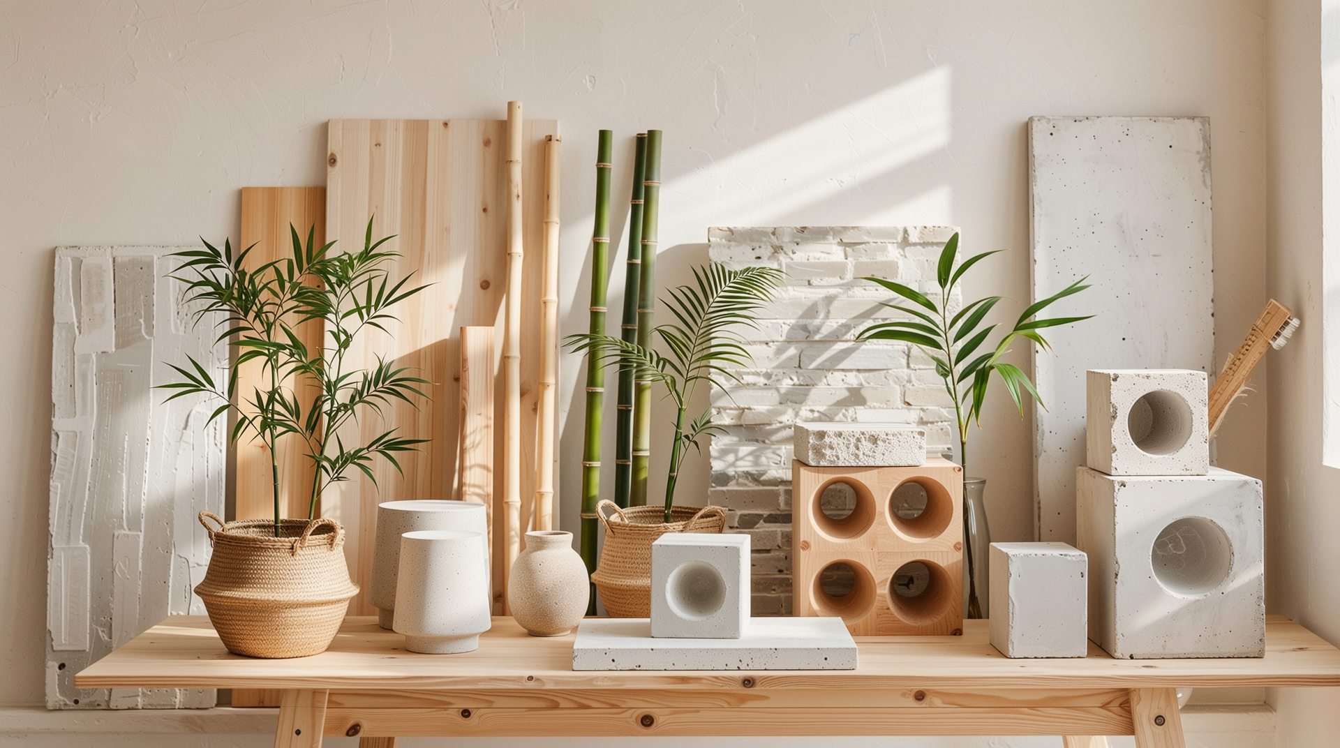 친환경 자재 대나무, 코르크, 재활용 목재 및 인증 콘크리트 블록 전시장