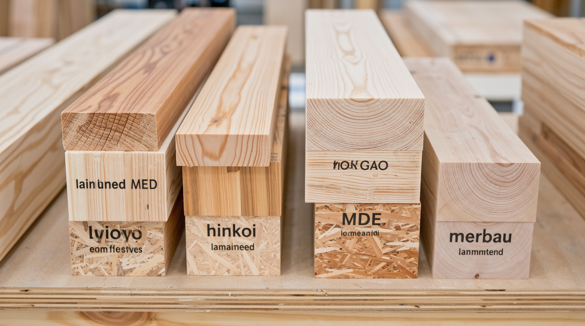 합판, MDF, 히노끼, 멀바우 집성목 등 다양한 목재 종류와 특징 비교 이미지