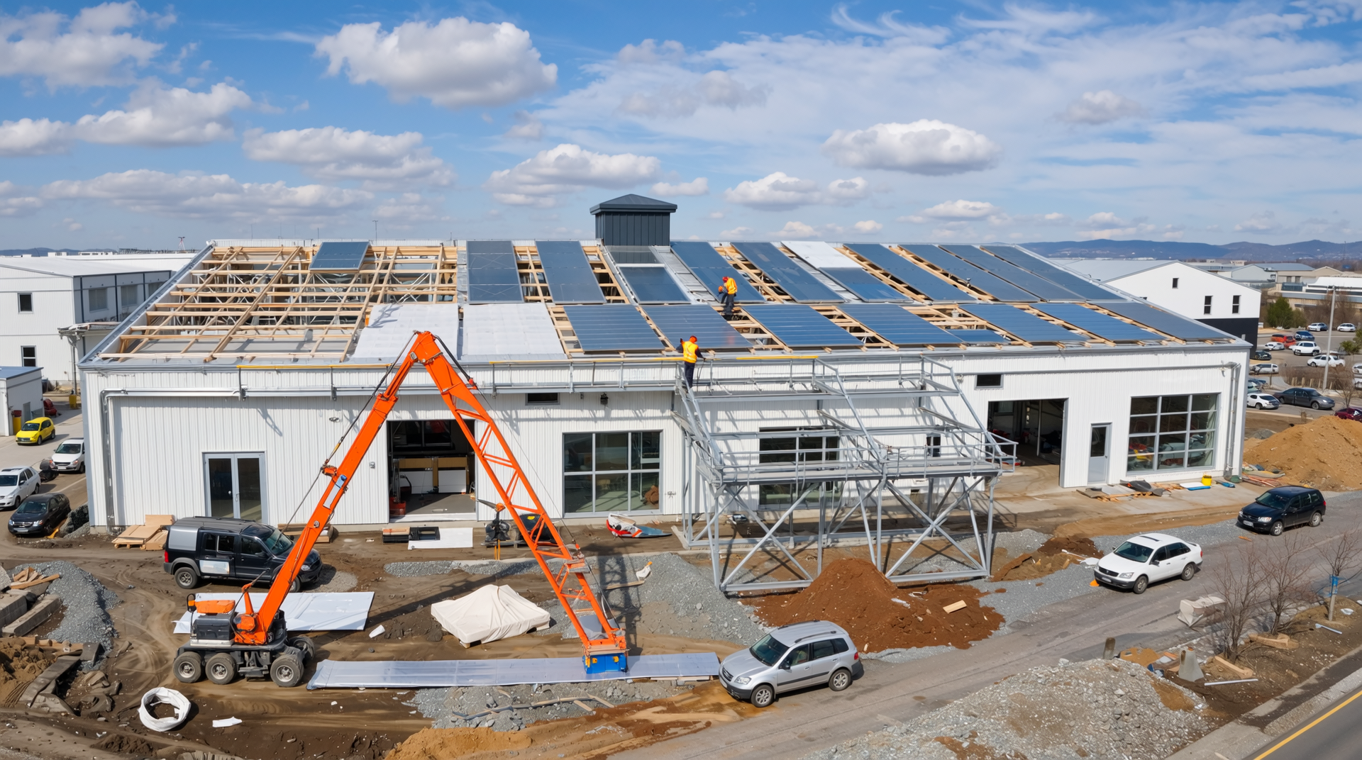 창고 지붕 교체 작업 현장 전경