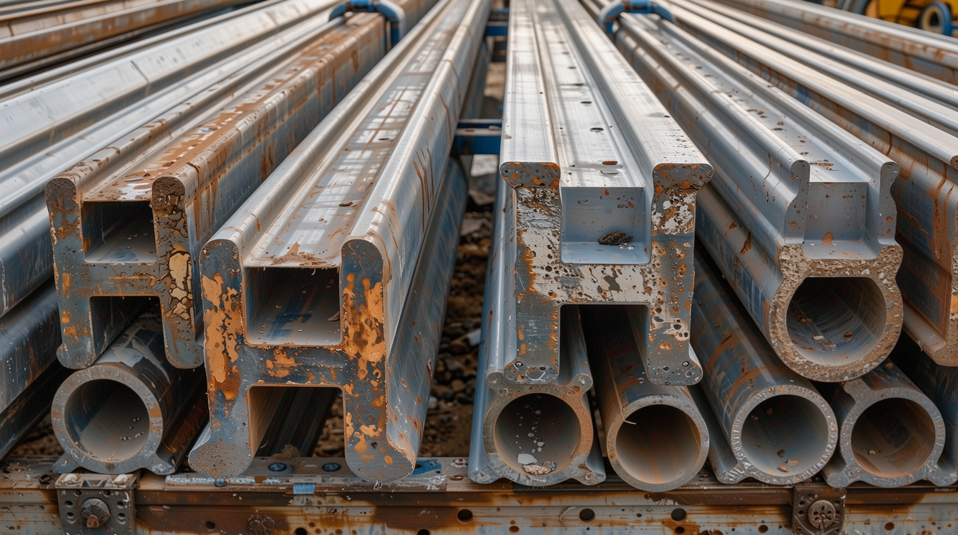 H형강과 C형강의 단면 구조가 잘 보이는 건설 현장 모습